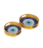 Amaya Decors Evil Eye Meena Tray Set of 2 | Gold | Iron with Powder Coating