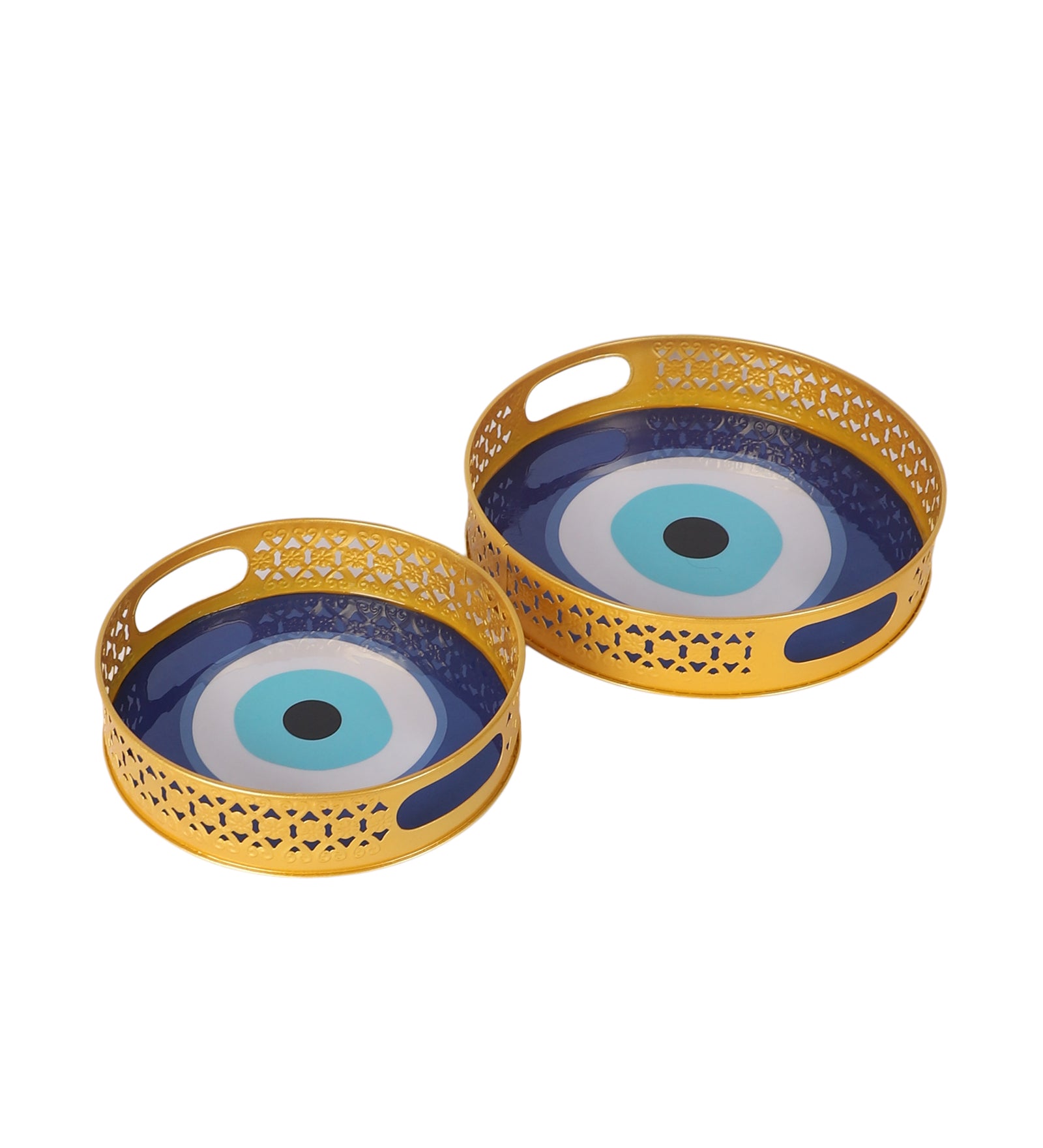 Amaya Decors Evil Eye Meena Tray Set of 2 | Gold | Iron with Powder Coating