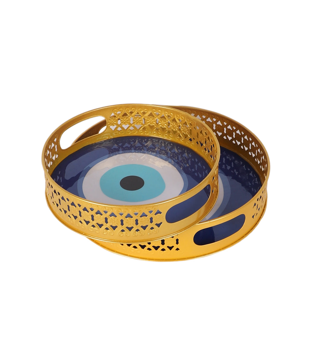 Amaya Decors Evil Eye Meena Tray Set of 2 | Gold | Iron with Powder Coating