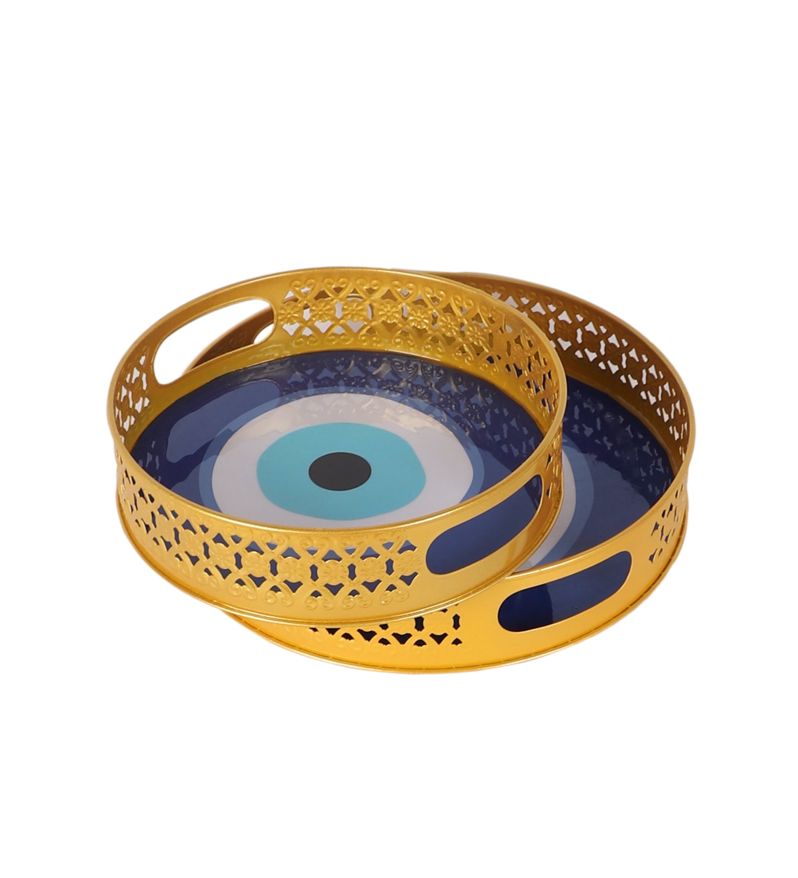 Amaya Decors Evil Eye Meena Tray Set of 2 | Gold | Iron with Powder Coating