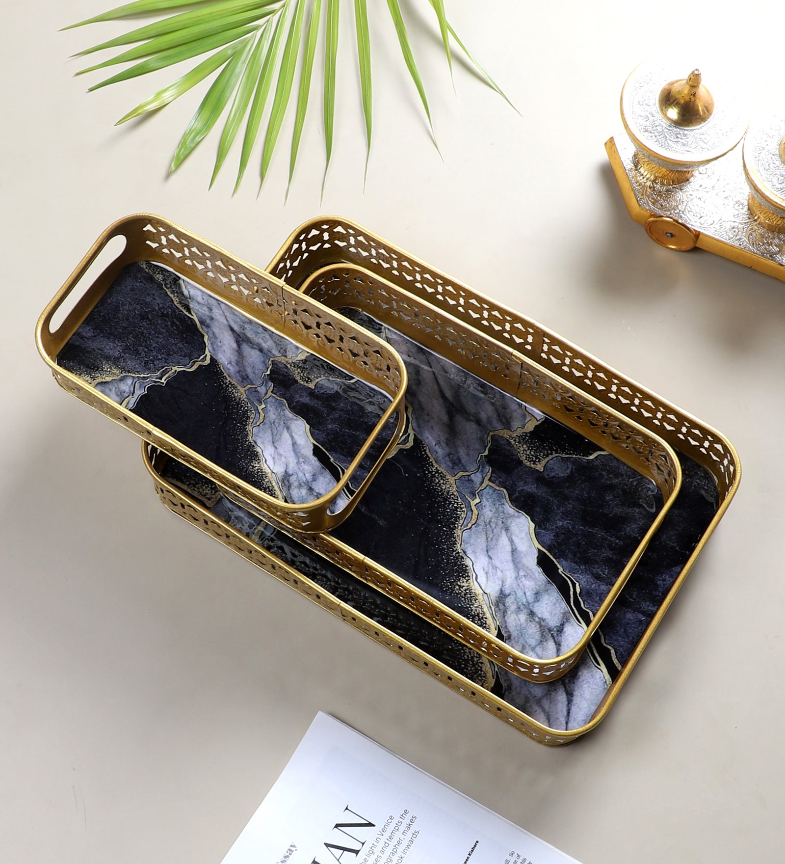 Amaya Decors Rectangular Black & Gold Wavy Meena Tray Set of 3