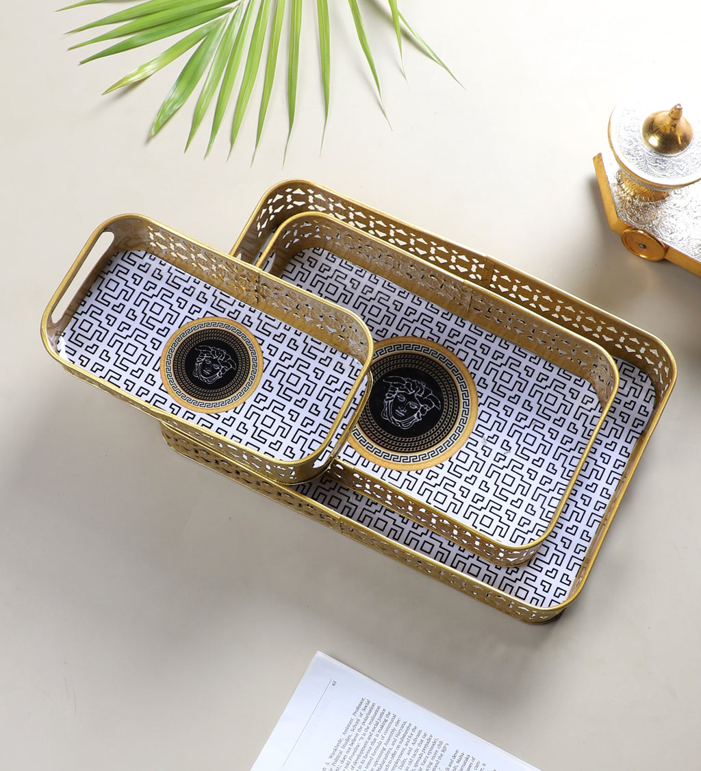 Amaya Decors Rectangular Black & Gold Blocks Meena Tray Set of 3