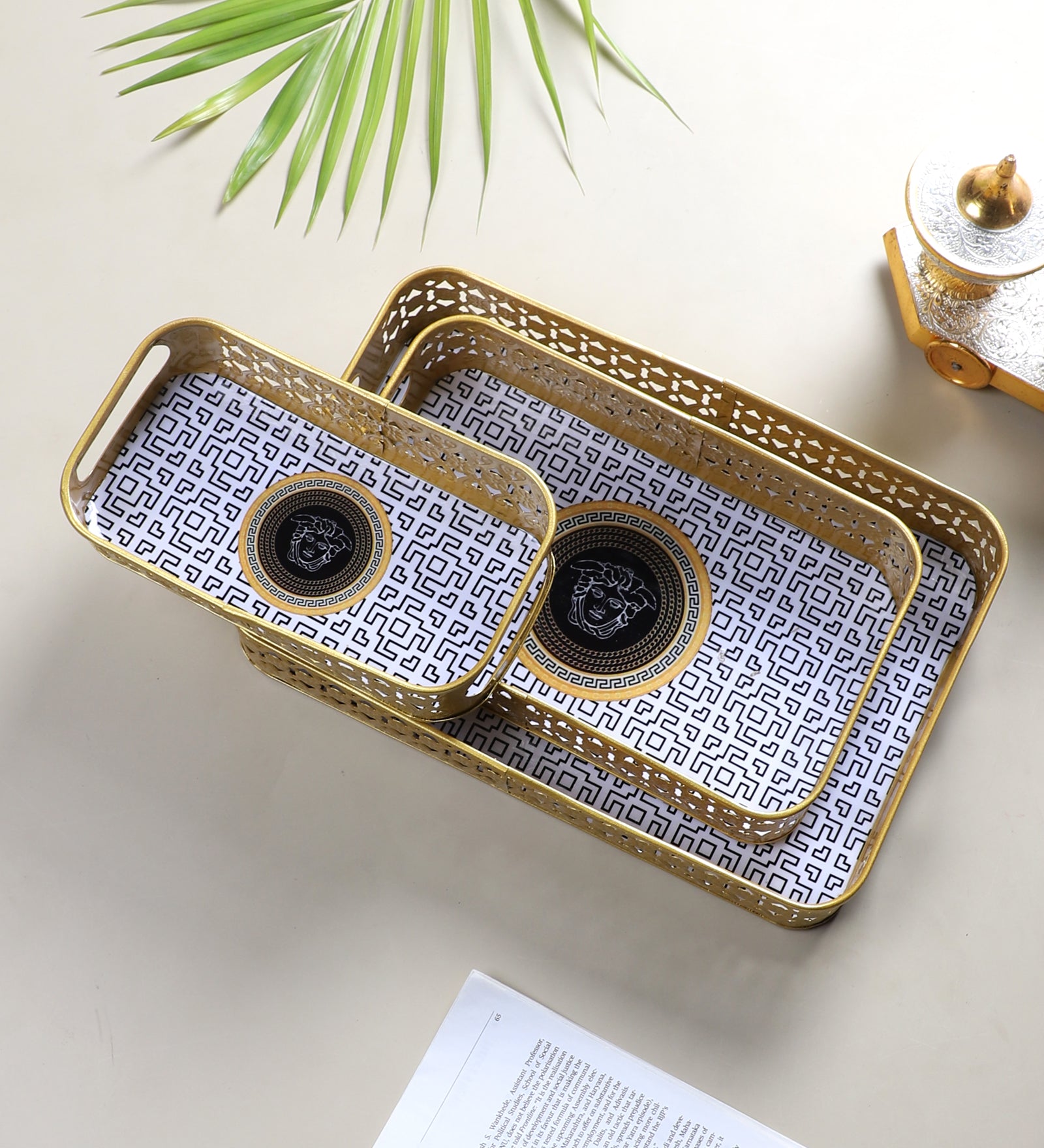Amaya Decors Rectangular Black & Gold Blocks Meena Tray Set of 3