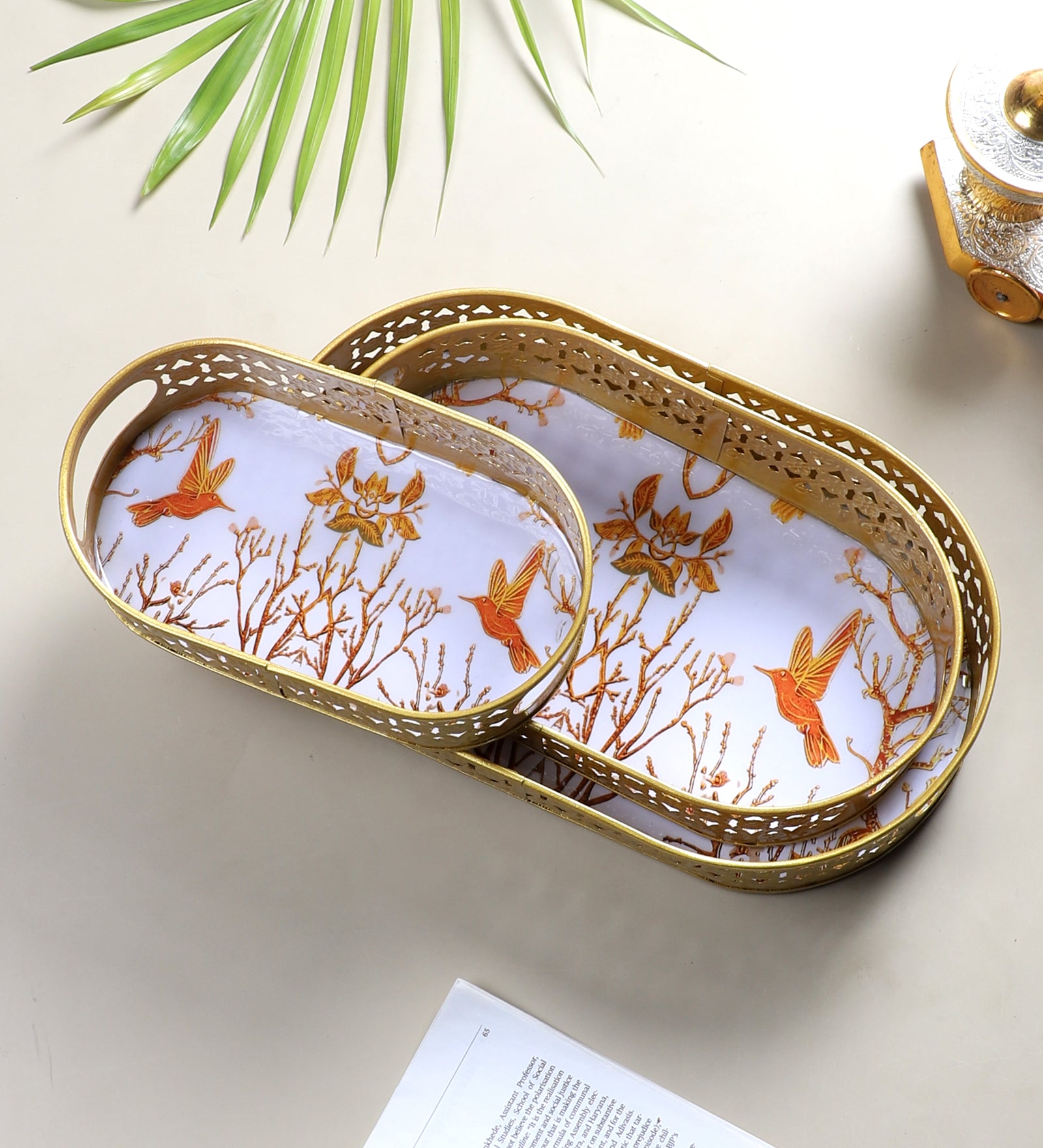 Amaya Decors Oval Gold Tree & Bird Meena Tray Set of 3