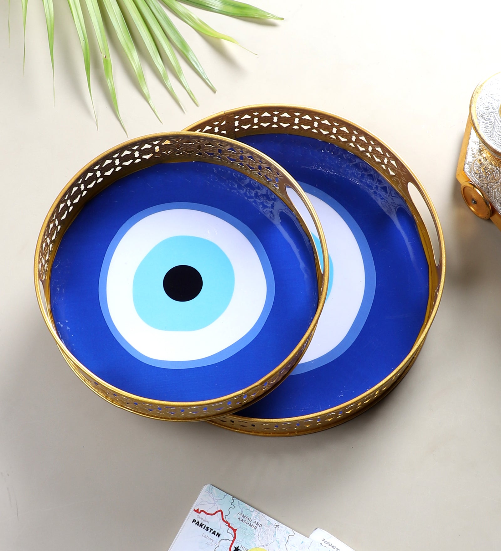 Amaya Decors Evil Eye Meena Tray Set of 2 | Gold | Iron with Powder Coating