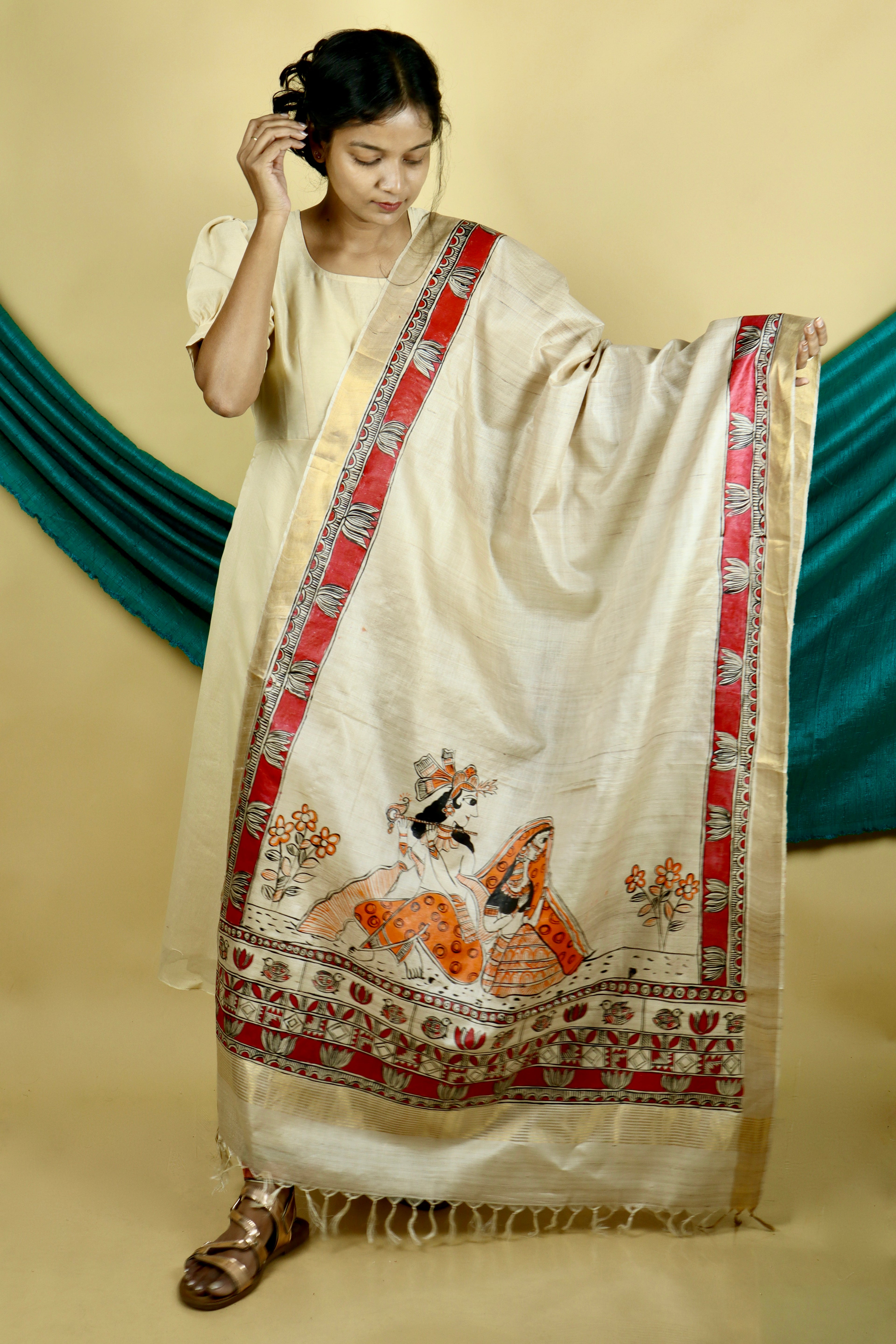 Madhubani Hand-painted  "Madana Mohini" Natural Tussar Silk Dupatta