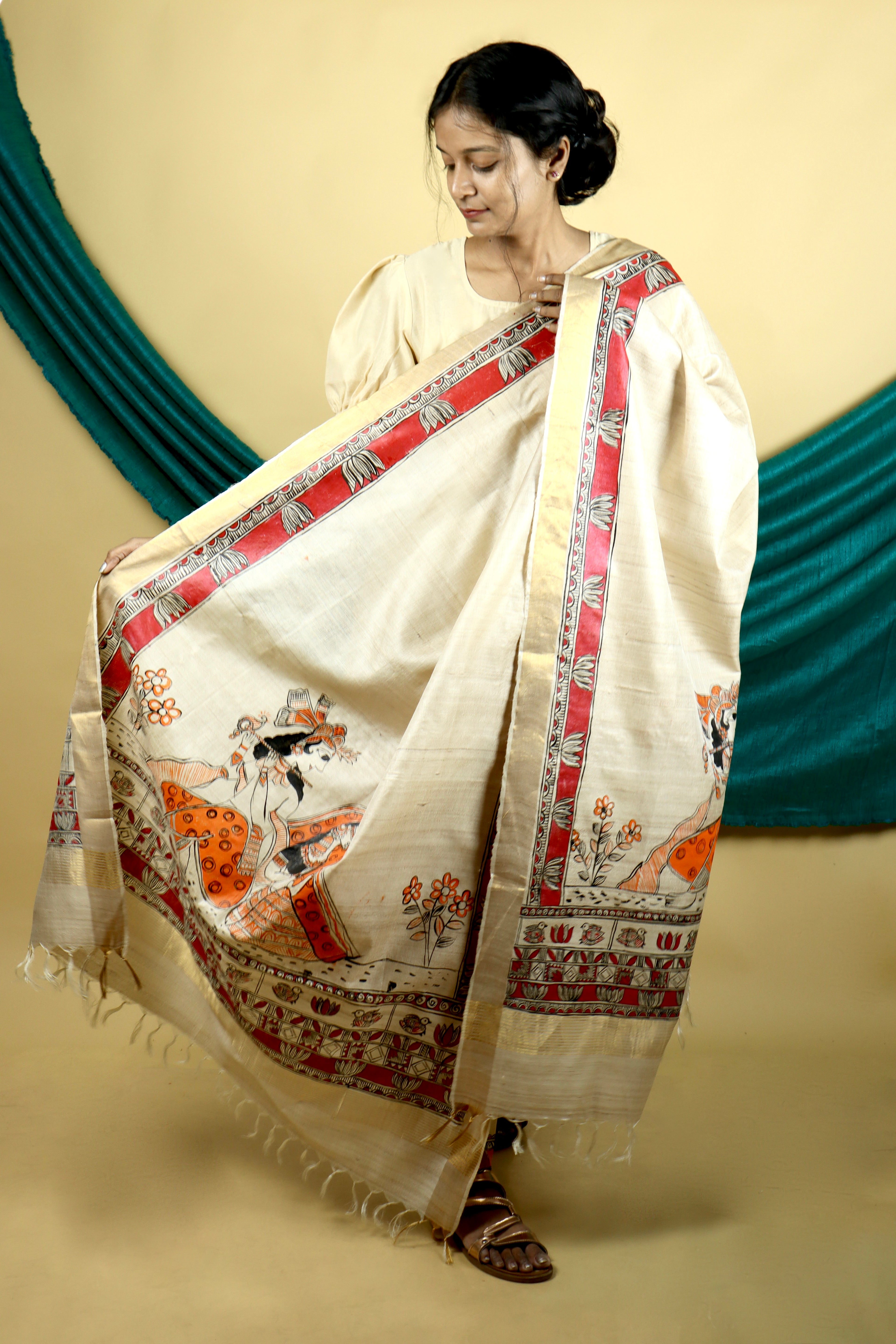 Madhubani Hand-painted  "Madana Mohini" Natural Tussar Silk Dupatta