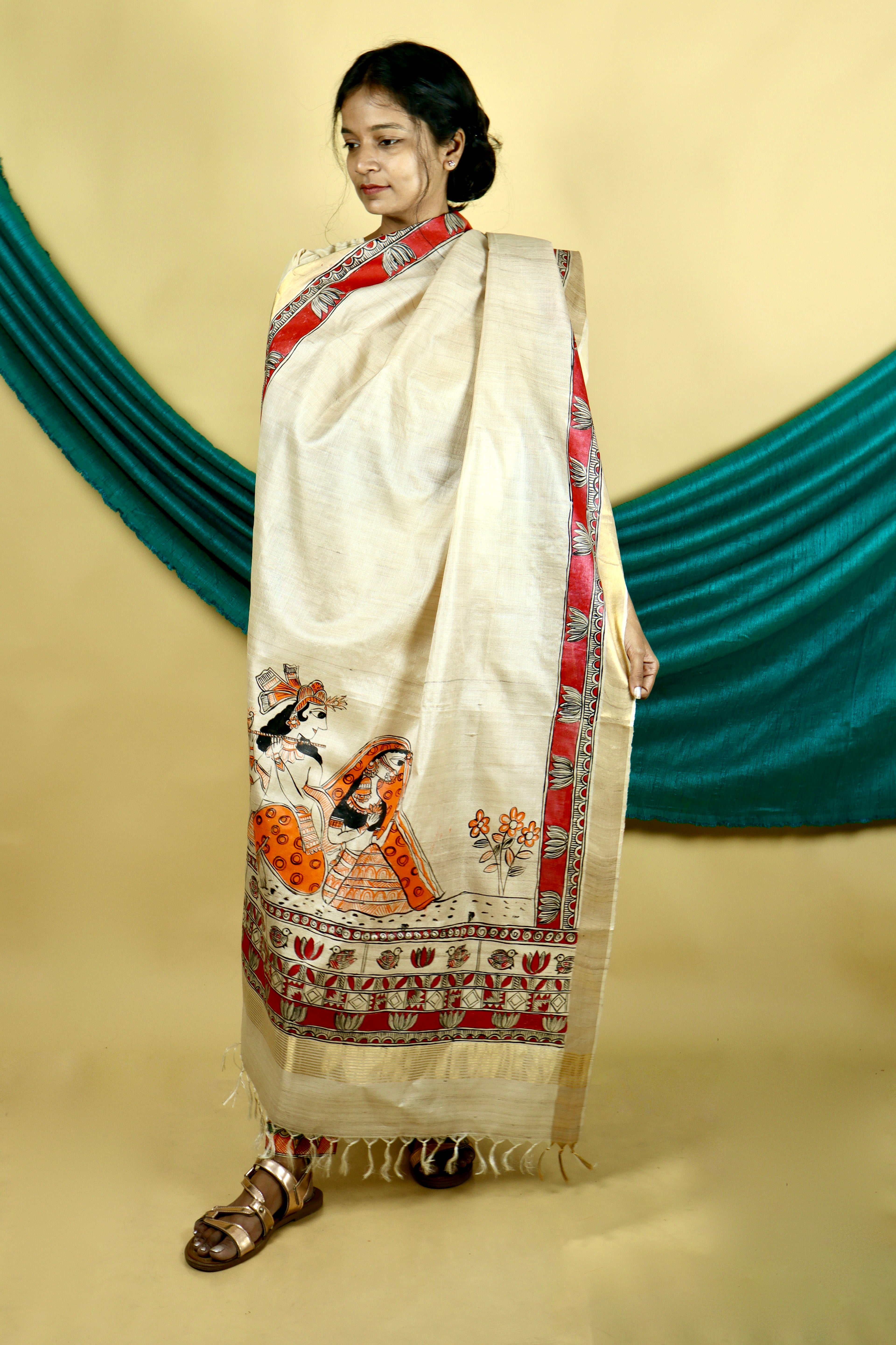 Madhubani Hand-painted  "Madana Mohini" Natural Tussar Silk Dupatta