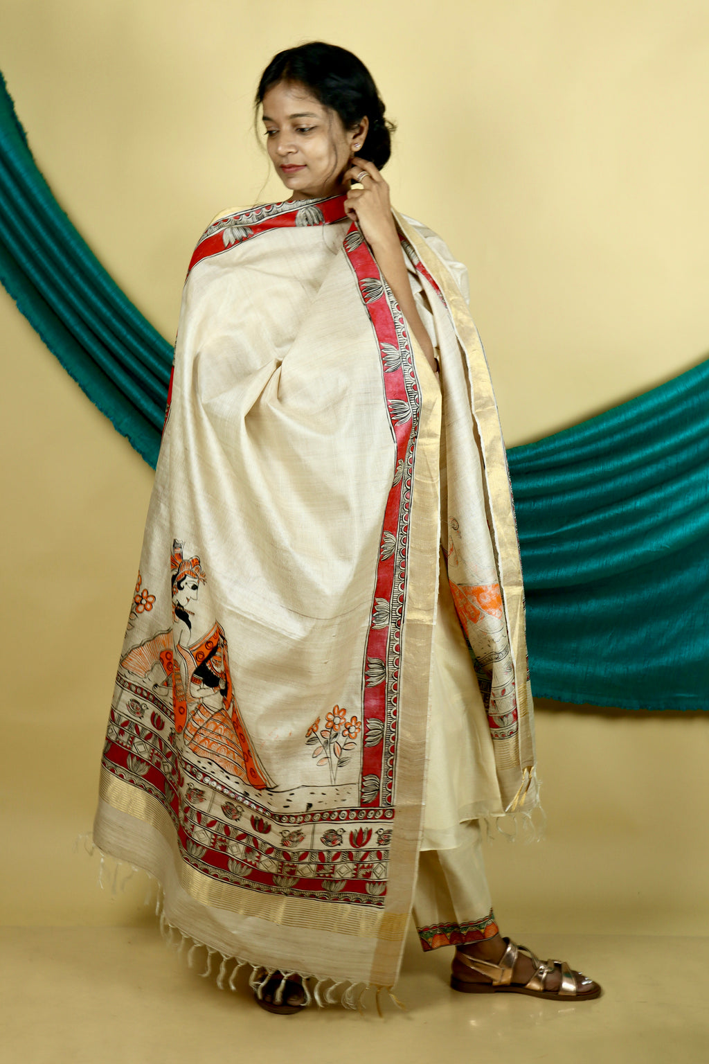 Madhubani Hand-painted  "Madana Mohini" Natural Tussar Silk Dupatta