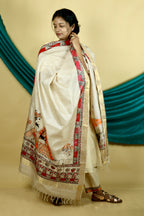 Madhubani Hand-painted  "Madana Mohini" Natural Tussar Silk Dupatta