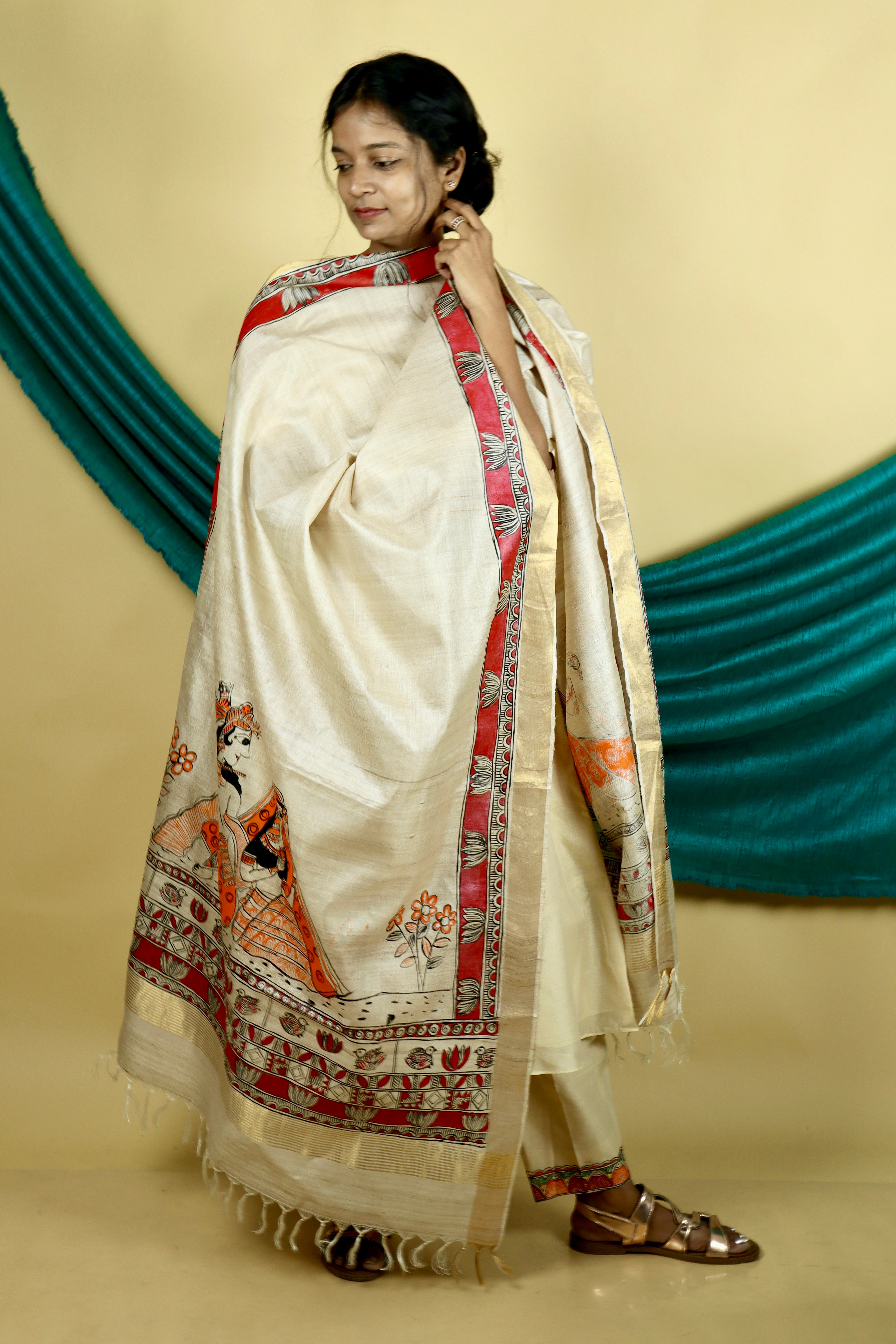Madhubani Hand-painted  "Madana Mohini" Natural Tussar Silk Dupatta