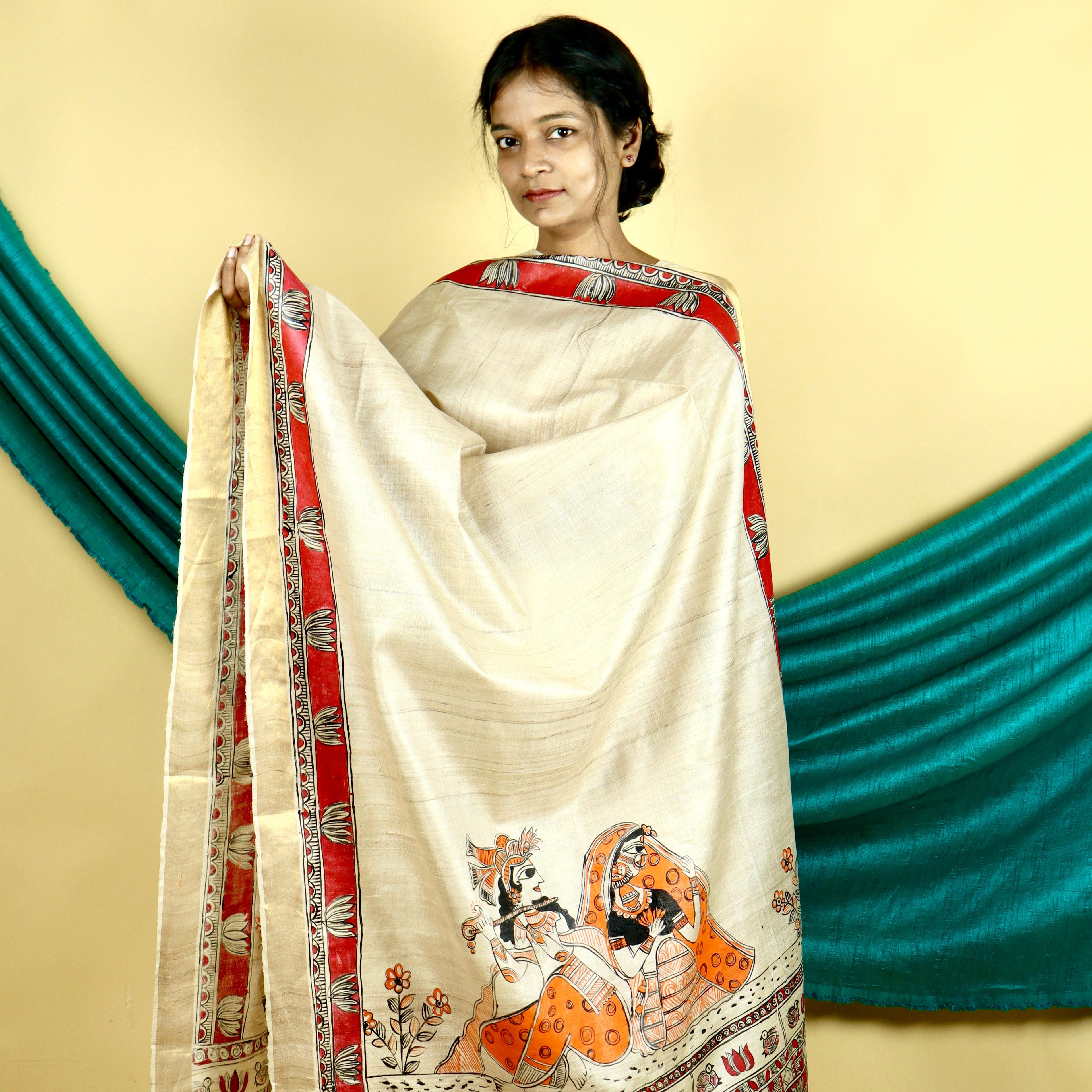 Madhubani Hand-painted  "Madana Mohini" Natural Tussar Silk Dupatta