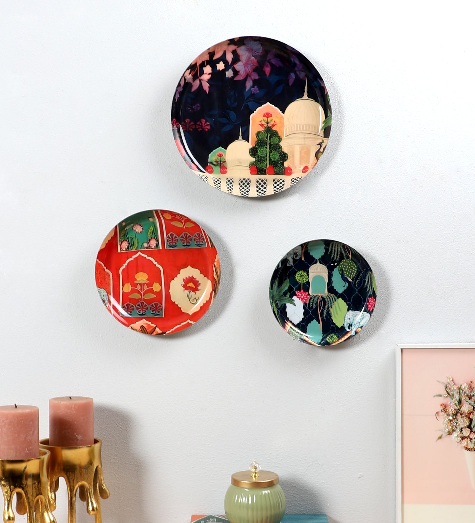 Amaya Decors Pink & Blue Monument Meena Wall Art Set of 3