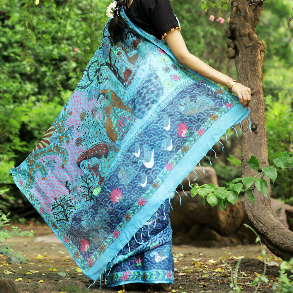 Madhubani Shibori Sky Blue Hand-Painted Linen Saree