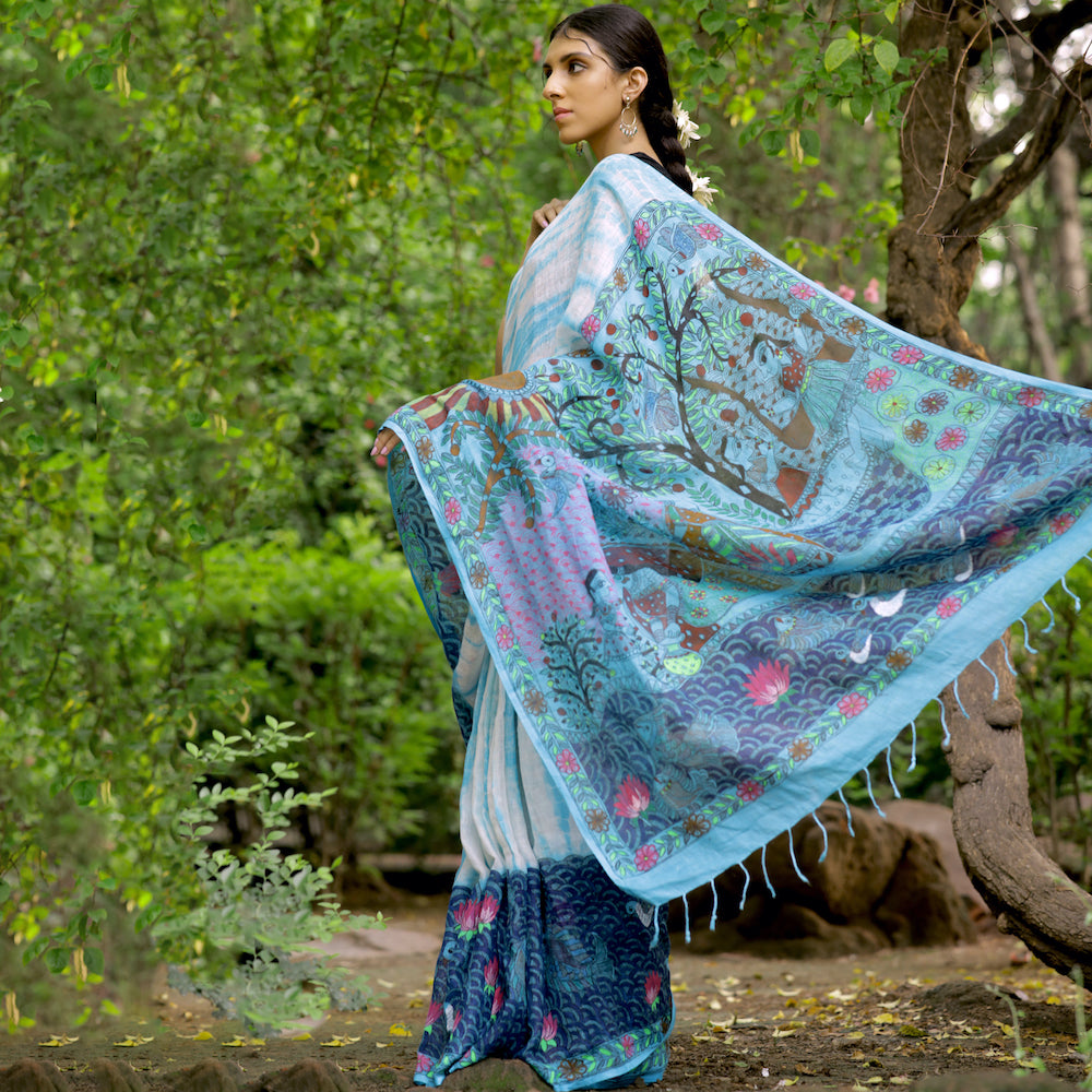 Madhubani Shibori Sky Blue Hand-Painted Linen Saree