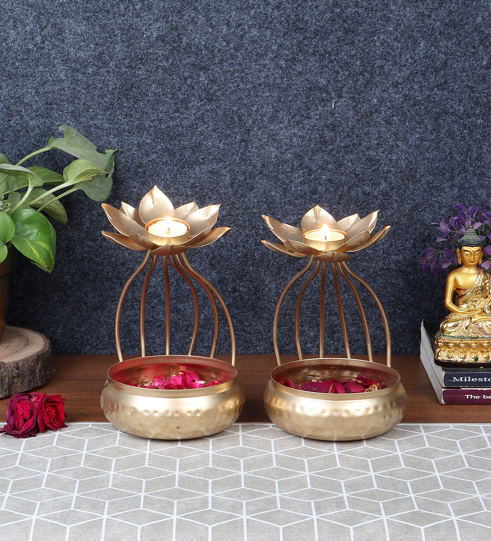 Amaya Decors Gold Urli Bowl with Flower Set of 2 | Gold | Iron with Powder Coating