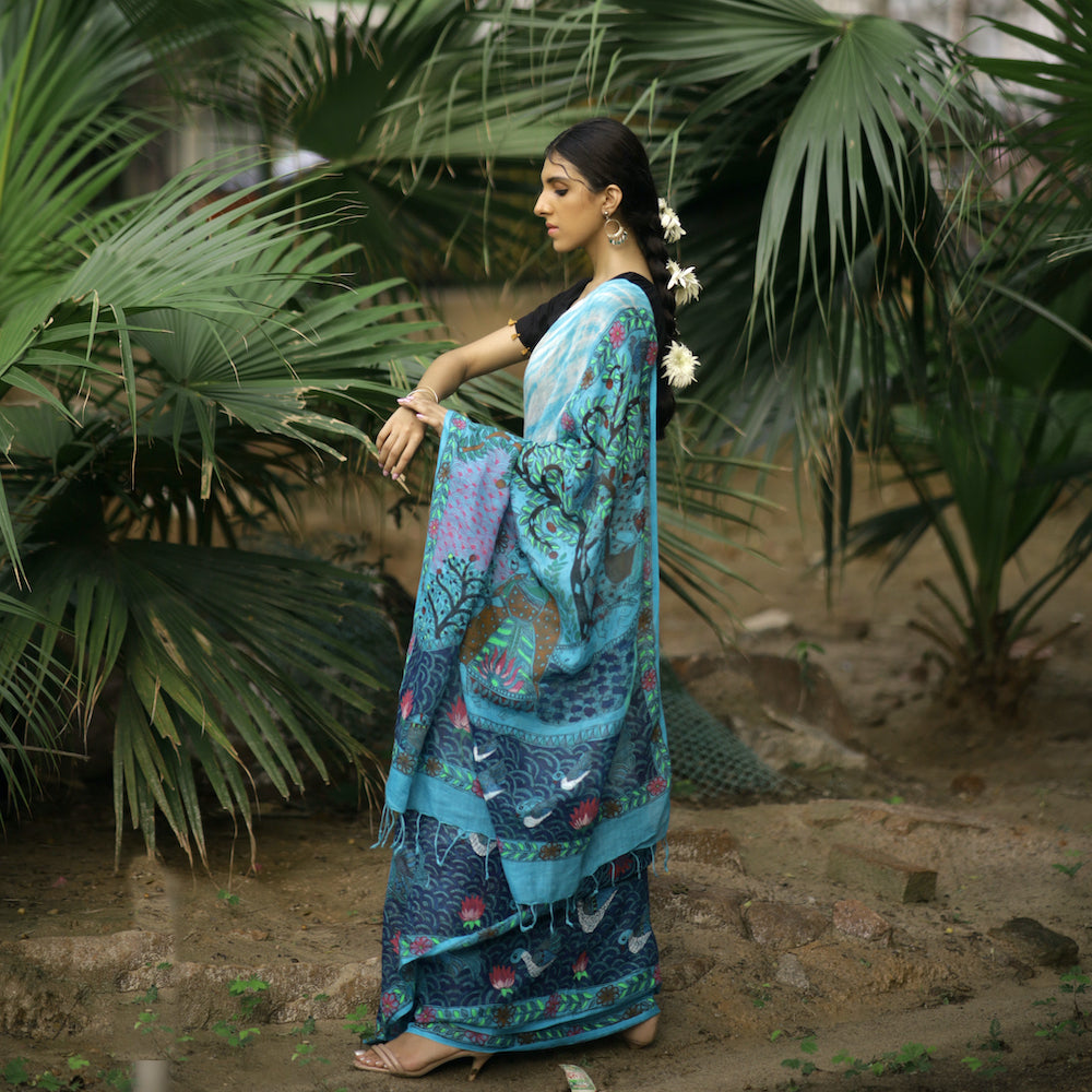 Madhubani Shibori Sky Blue Hand-Painted Linen Saree
