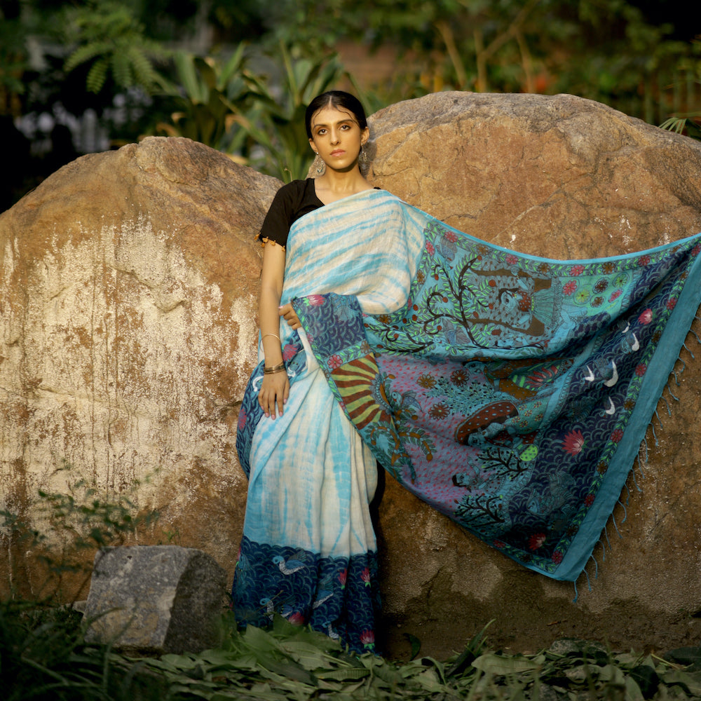 Madhubani Shibori Sky Blue Hand-Painted Linen Saree