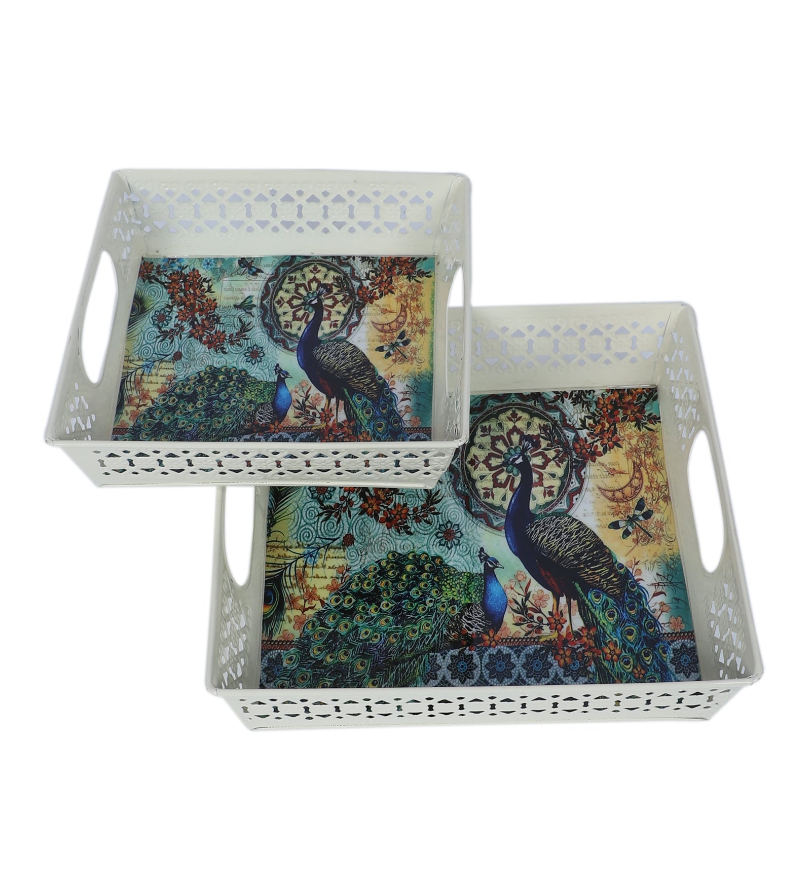 Amaya Decors Multicolor Peacock White Tray Set of 2