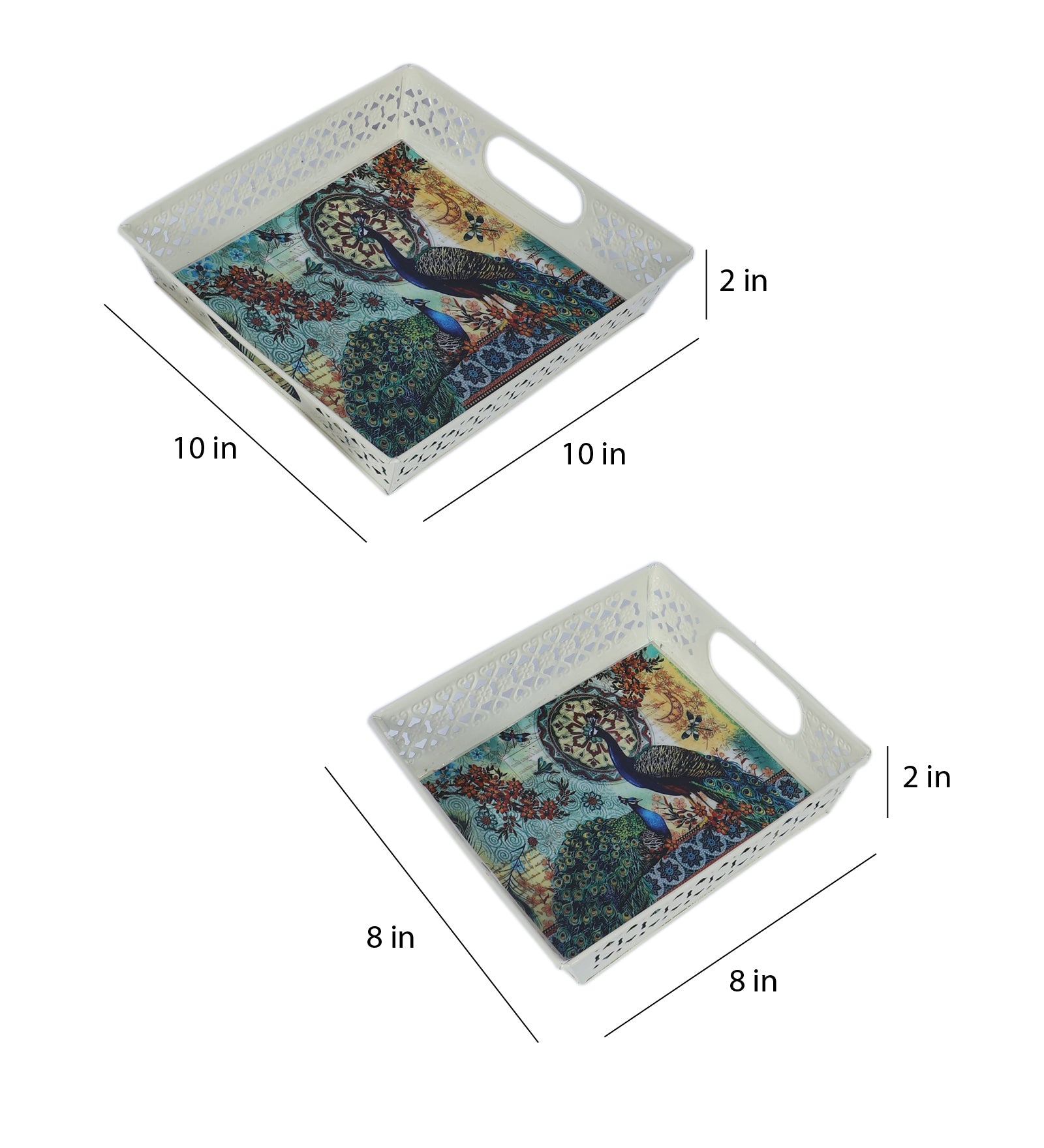 Amaya Decors Multicolor Peacock White Tray Set of 2