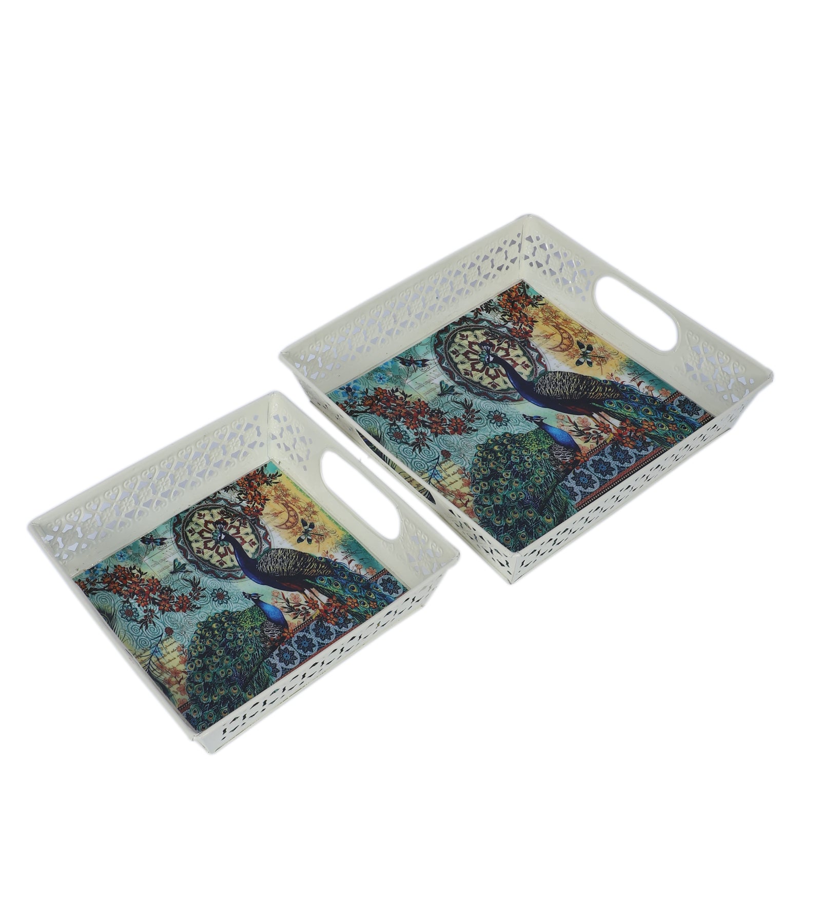 Amaya Decors Multicolor Peacock White Tray Set of 2