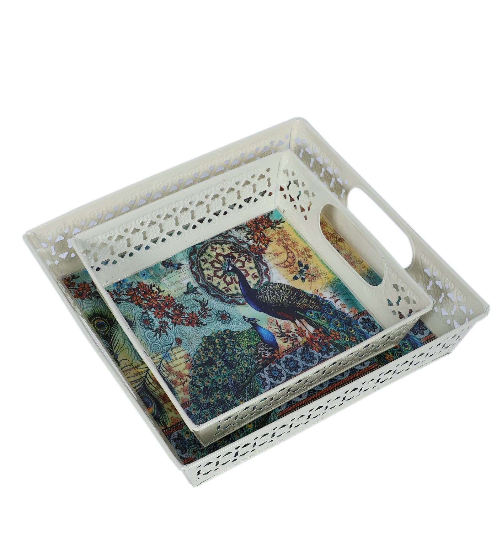 Amaya Decors Multicolor Peacock White Tray Set of 2