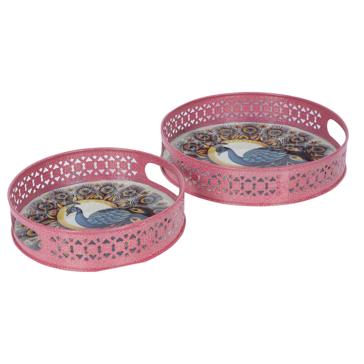 Amaya Decors Green & Pink Round Tray Set of 2 | Gold | Iron with Powder Coating