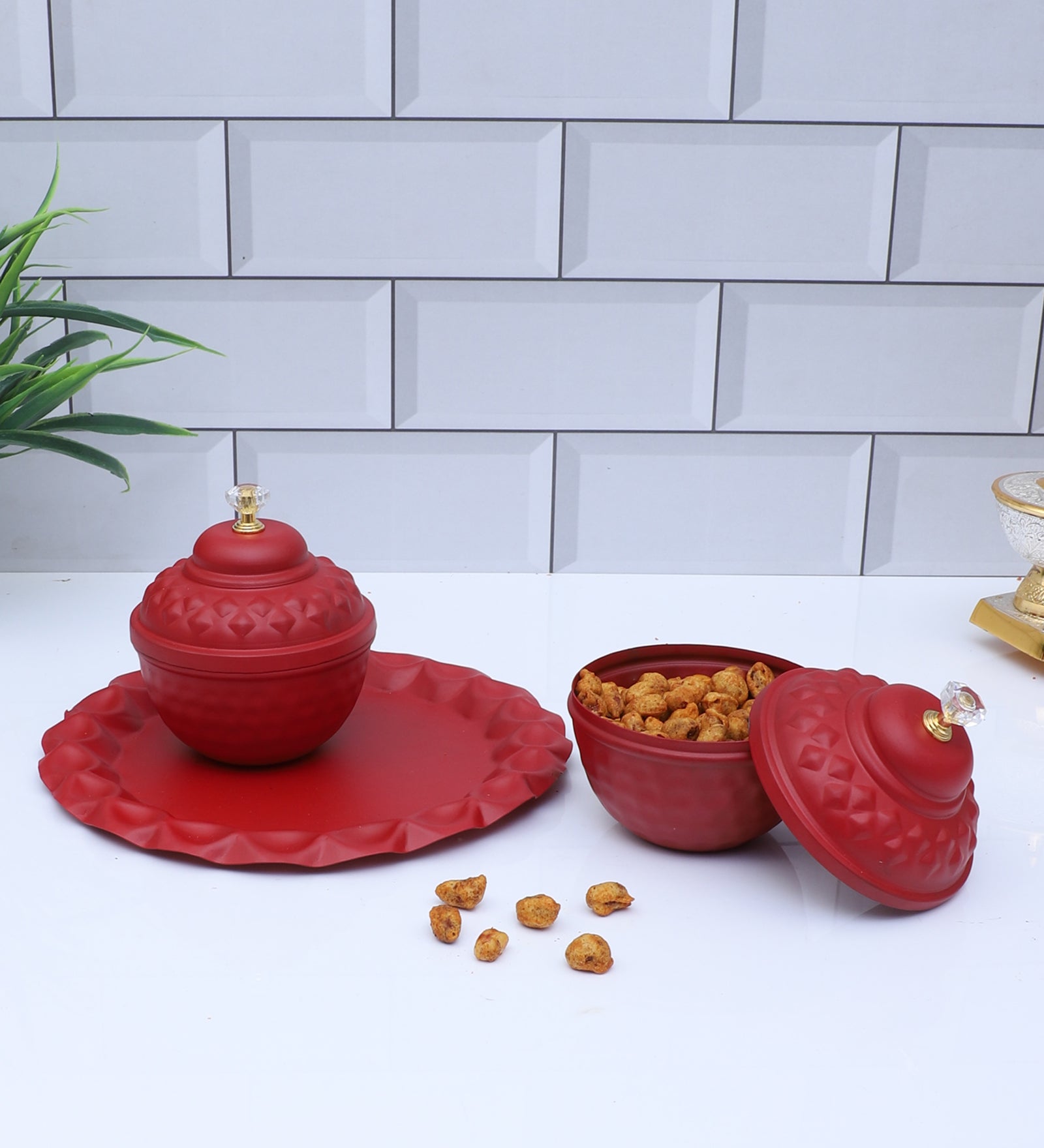 Amaya Decors Red Bowl Jar with Lid Set of 3