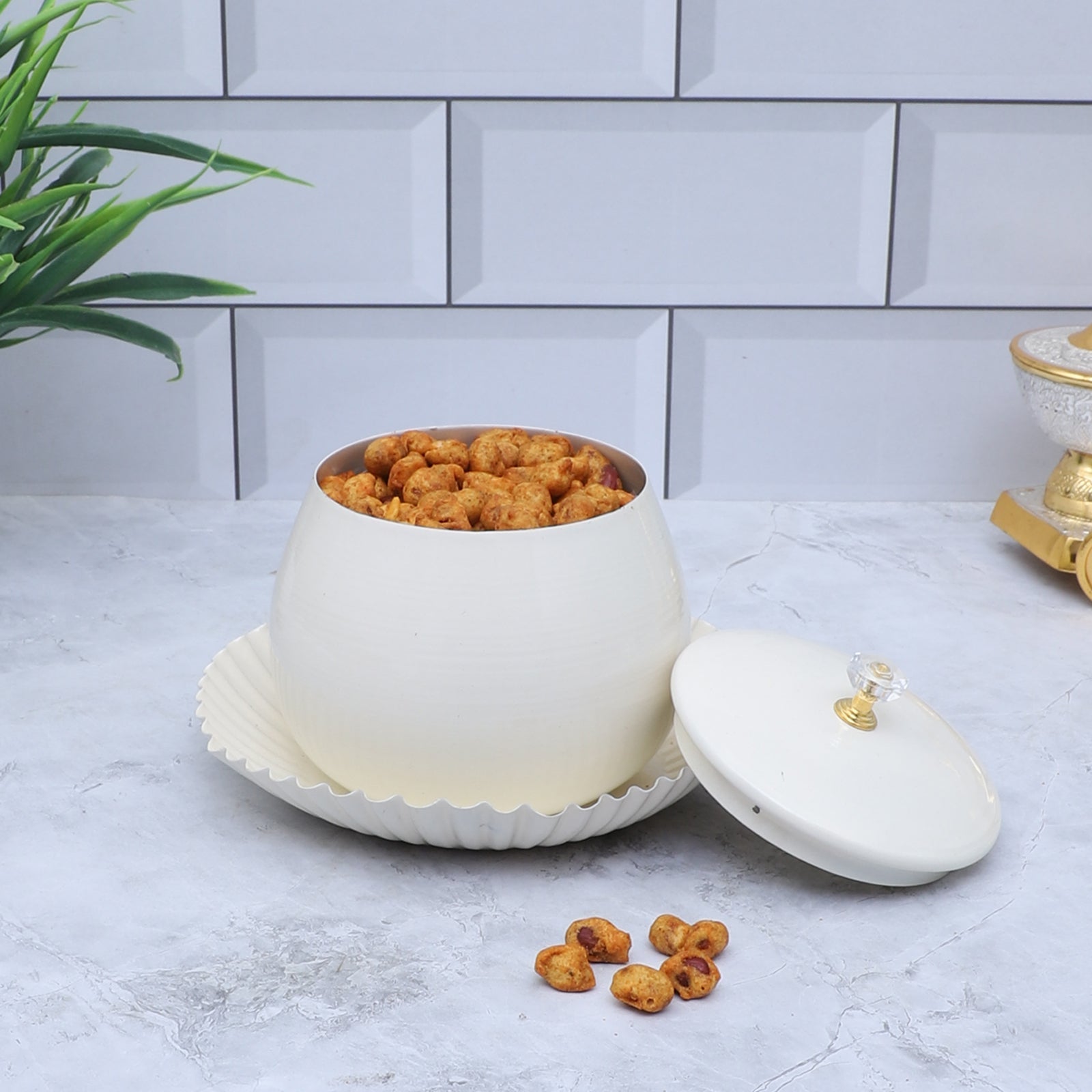 Amaya Decors White Bowl Jar with Tray