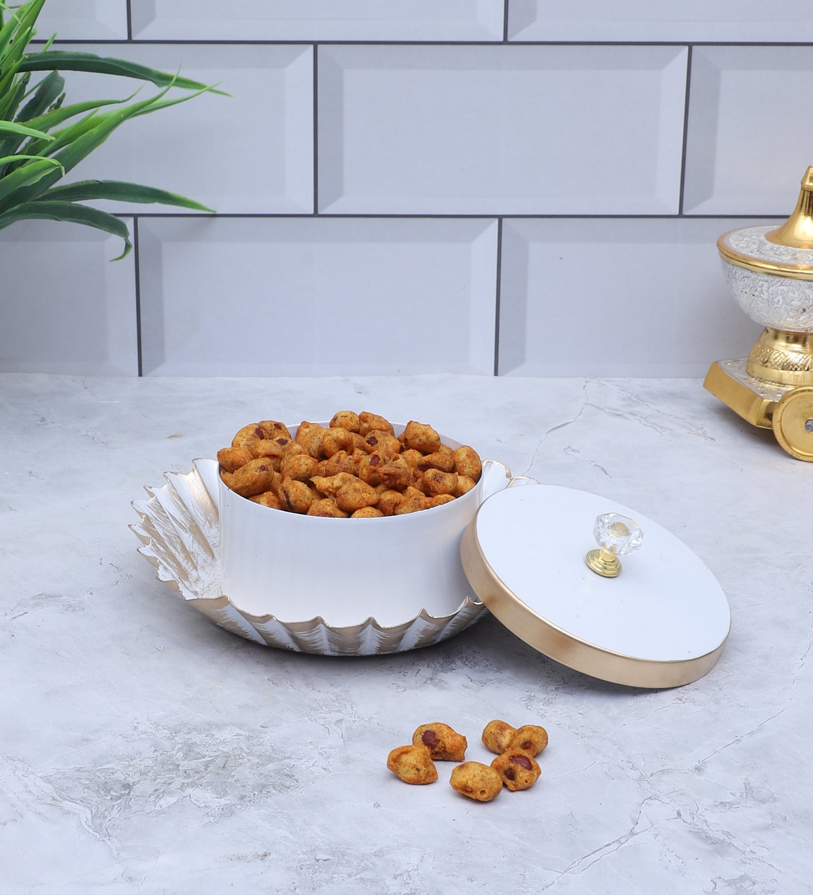 Amaya Decors White & Gold Jar with Tray Set of 2