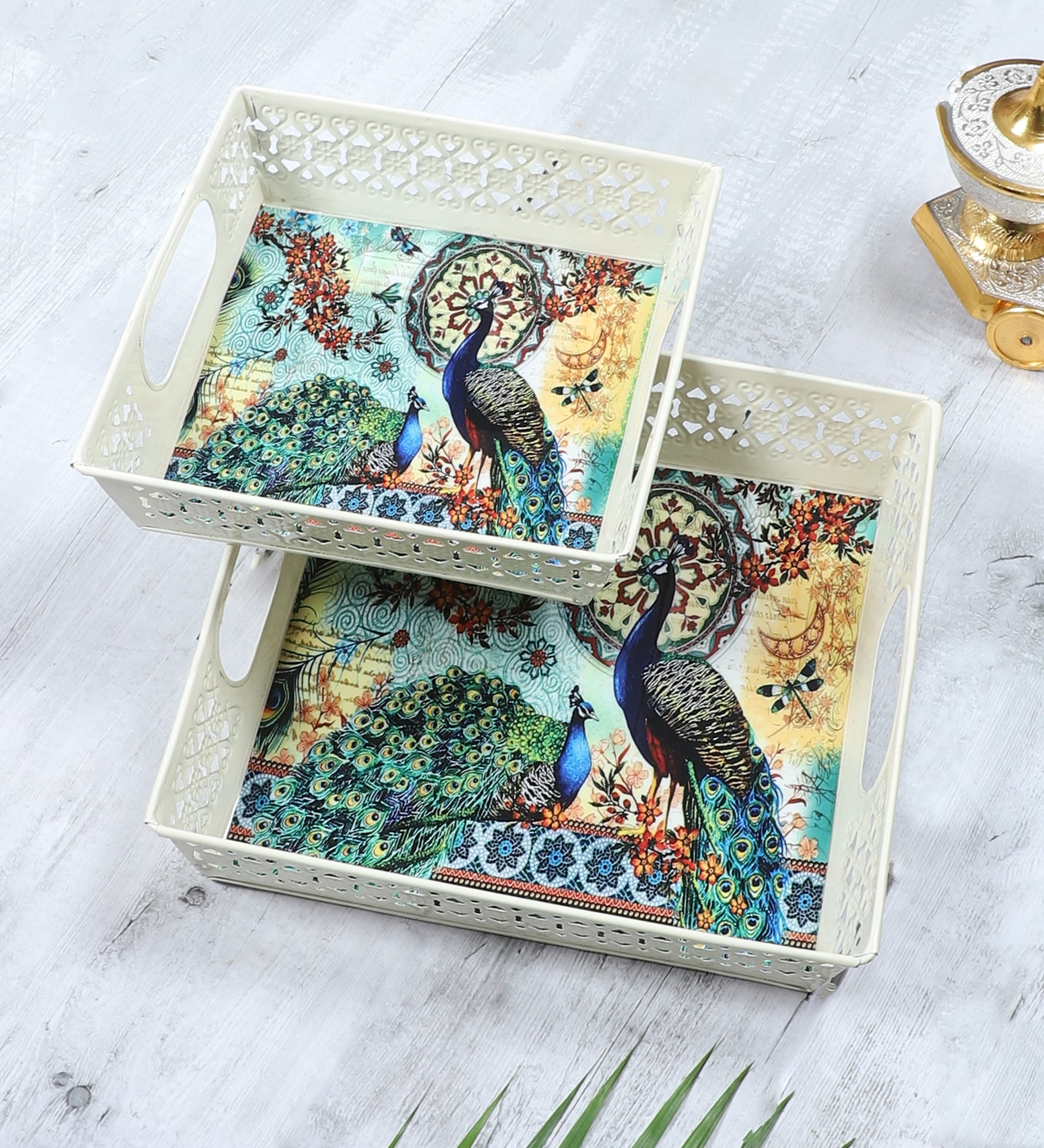Amaya Decors Multicolor Peacock White Tray Set of 2
