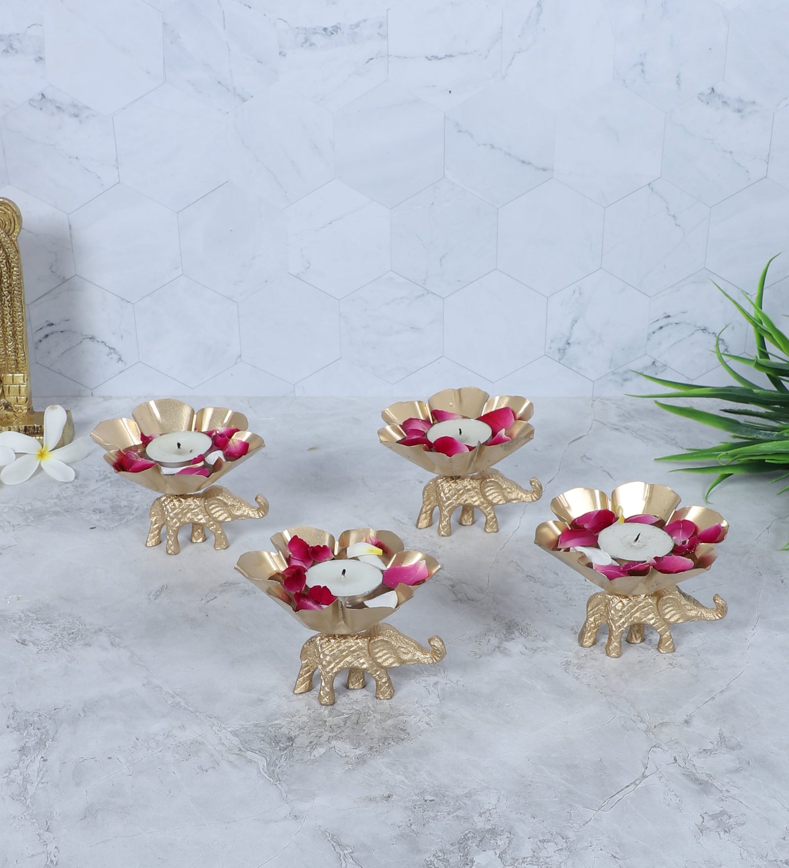 Amaya Decors Elephant & Lotus Bowl Tealight Holder Set of 4 | Gold | Iron with Powder Coating