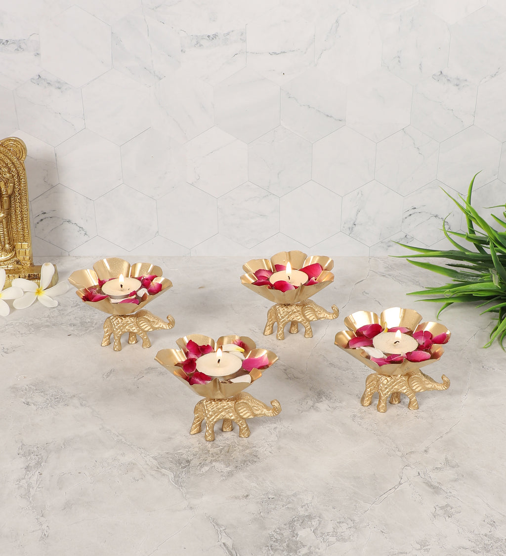 Amaya Decors Elephant & Lotus Bowl Tealight Holder Set of 4 | Gold | Iron with Powder Coating