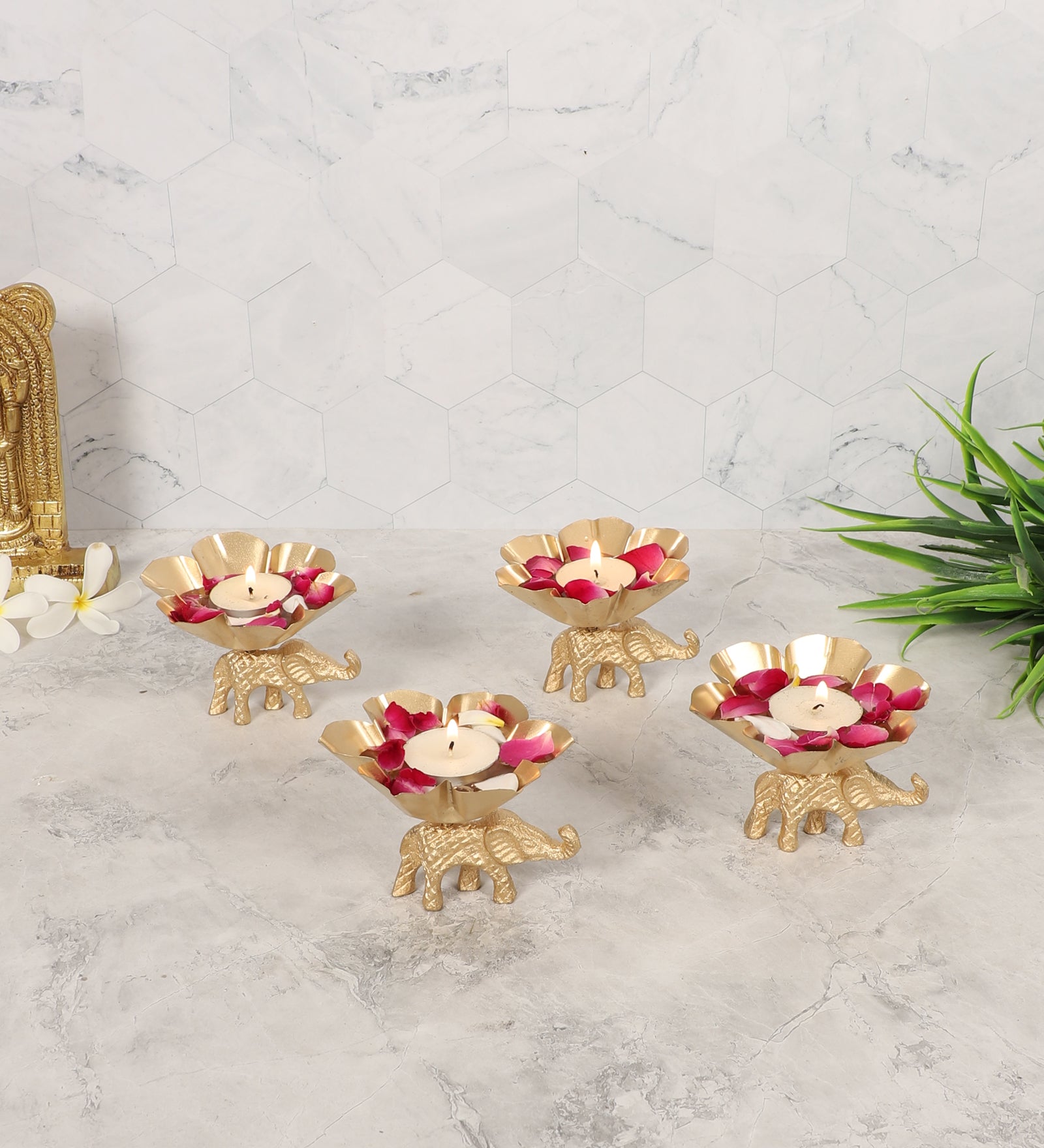 Amaya Decors Elephant & Lotus Bowl Tealight Holder Set of 4 | Gold | Iron with Powder Coating
