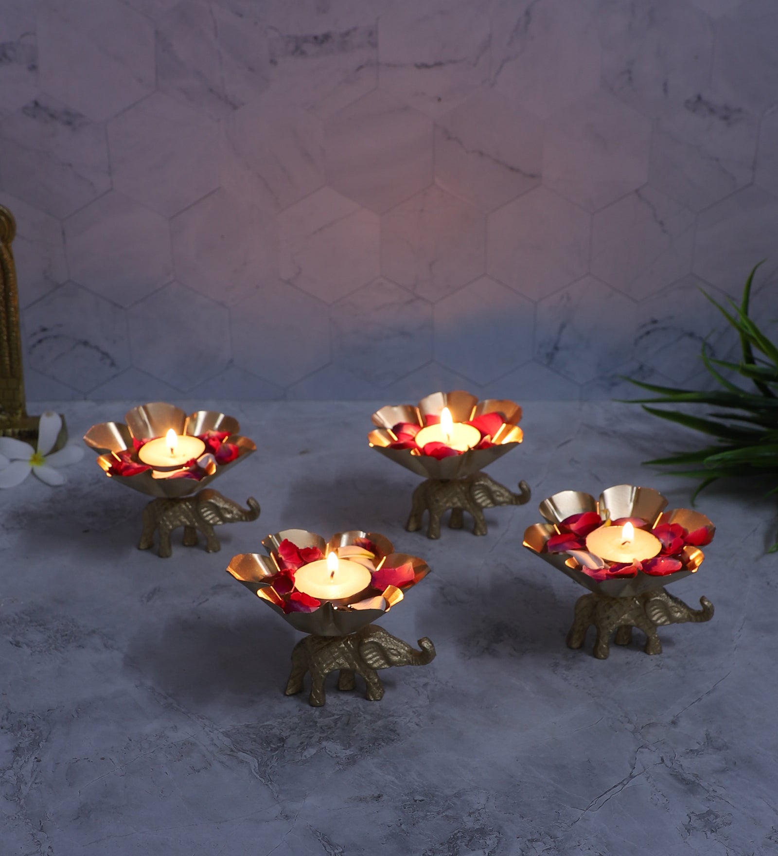 Amaya Decors Elephant & Lotus Bowl Tealight Holder Set of 4 | Gold | Iron with Powder Coating