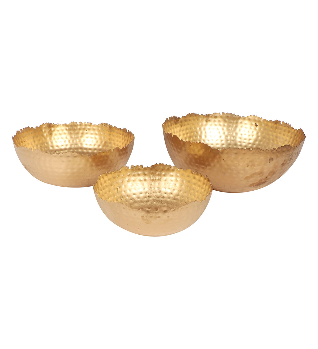 Amaya Decors Gold Hammer Cut URli Bowl Set of 3 | Gold | Iron with Powder Coating