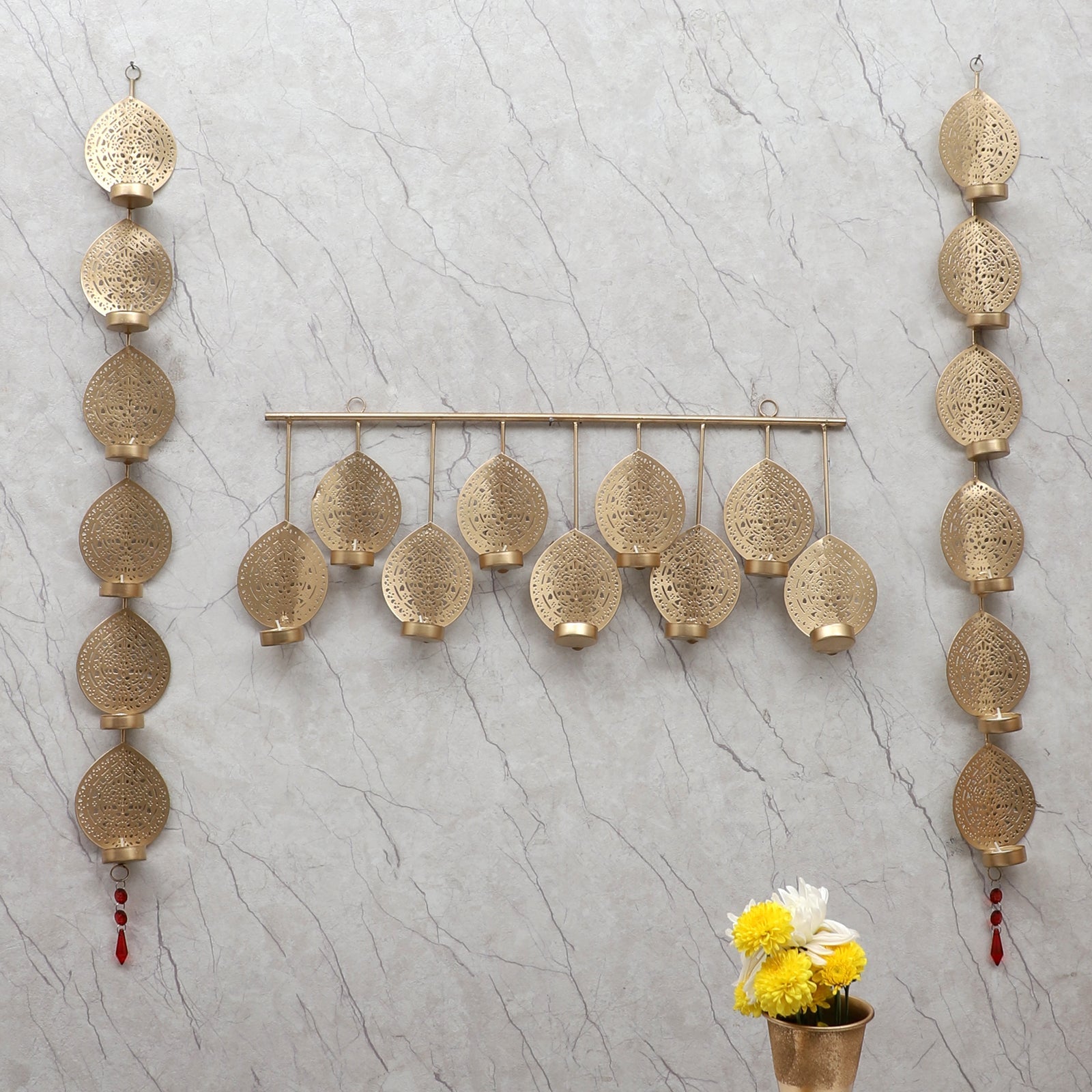 Amaya Decors Hanging Wall Leaf Etching Tealight Holder Set of 3