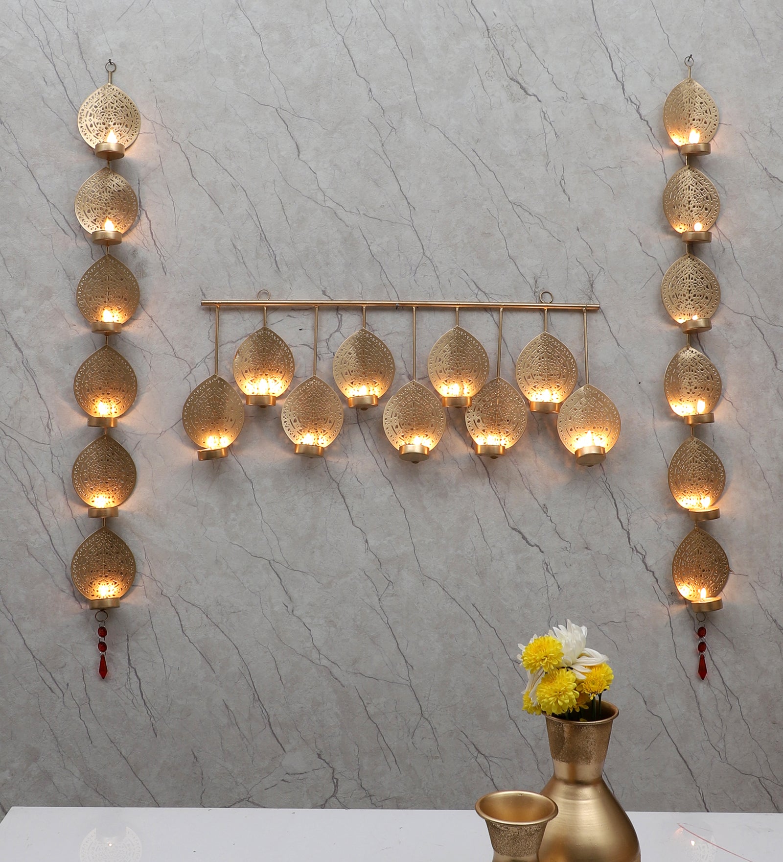 Amaya Decors Hanging Wall Leaf Etching Tealight Holder Set of 3