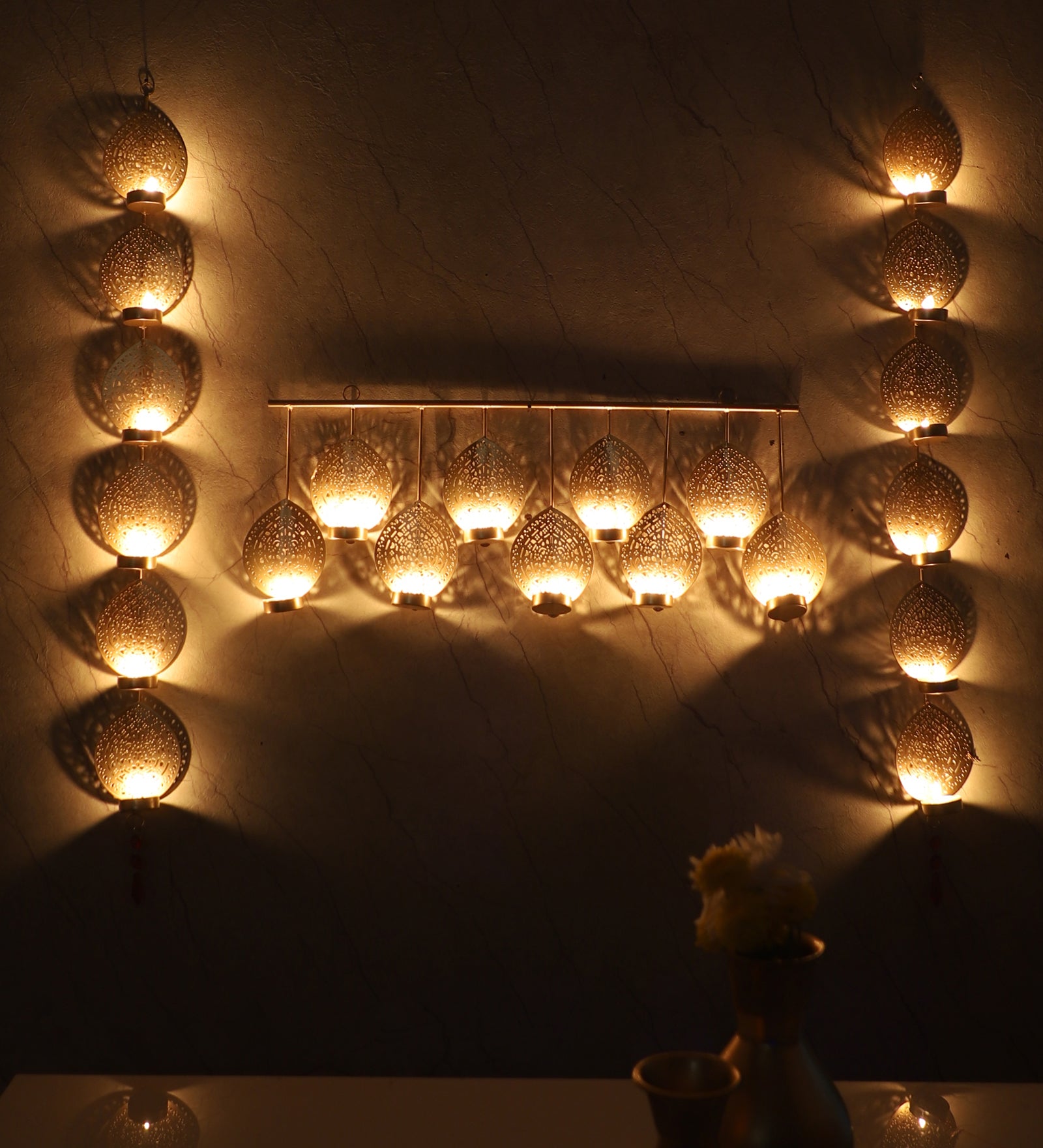Amaya Decors Hanging Wall Leaf Etching Tealight Holder Set of 3