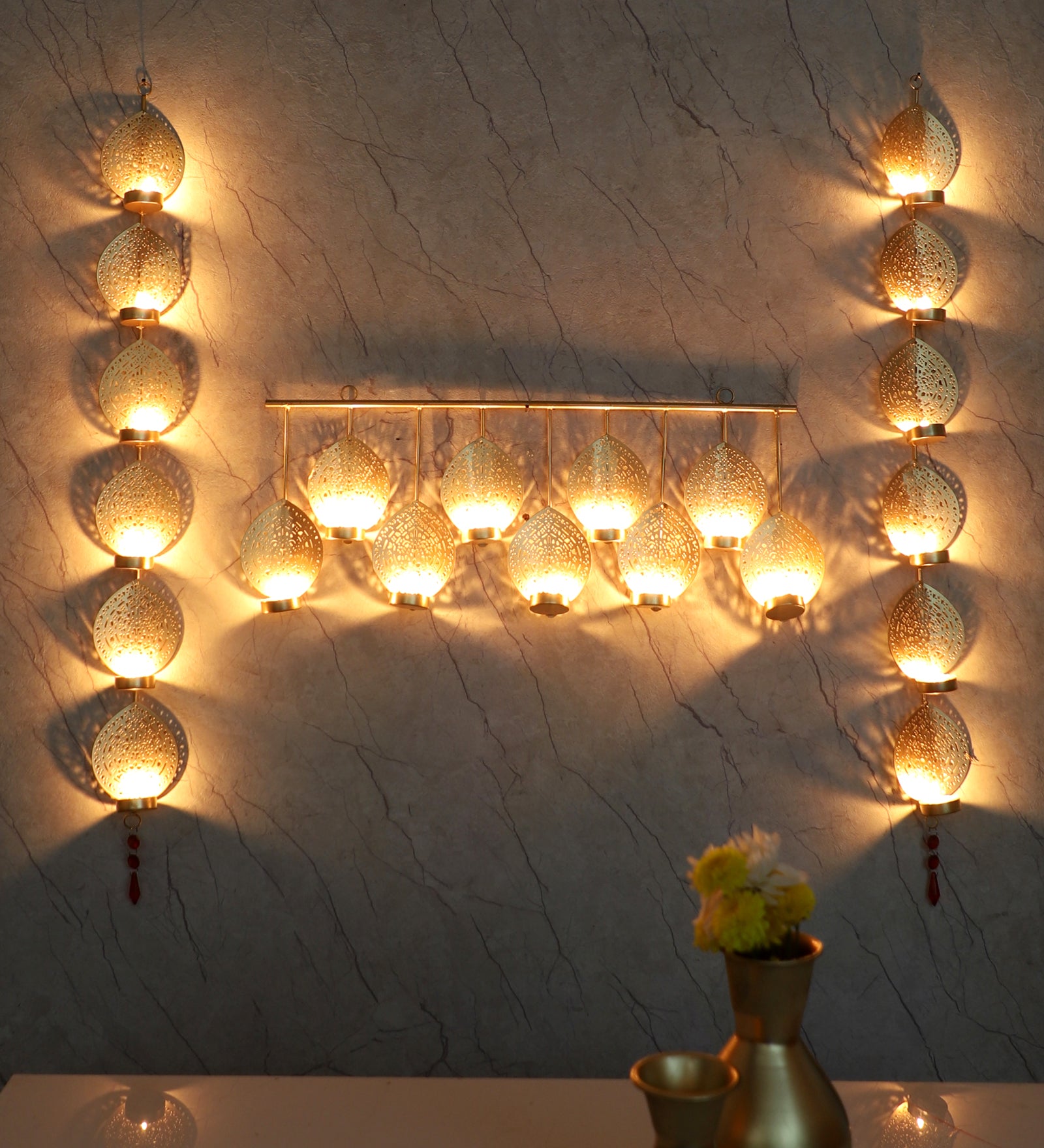 Amaya Decors Hanging Wall Leaf Etching Tealight Holder Set of 3