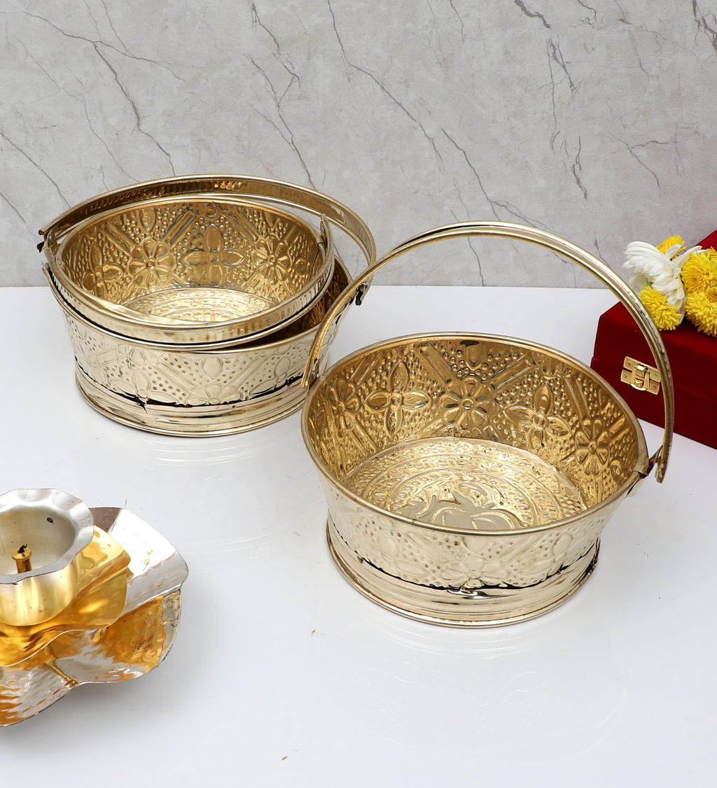 Amaya Decors Round Om Brass Sheet Gifting Basket Set of 3