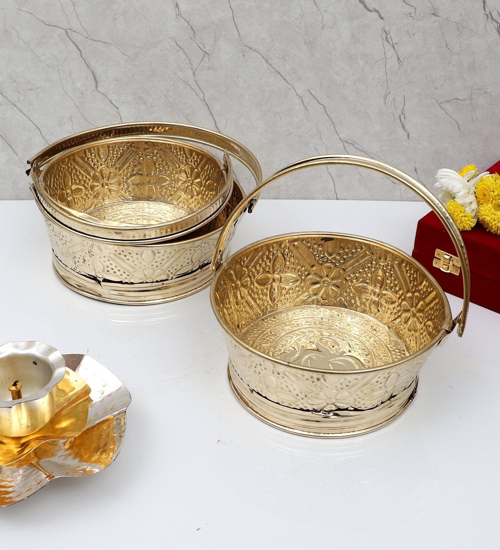 Amaya Decors Round Om Brass Sheet Gifting Basket Set of 3