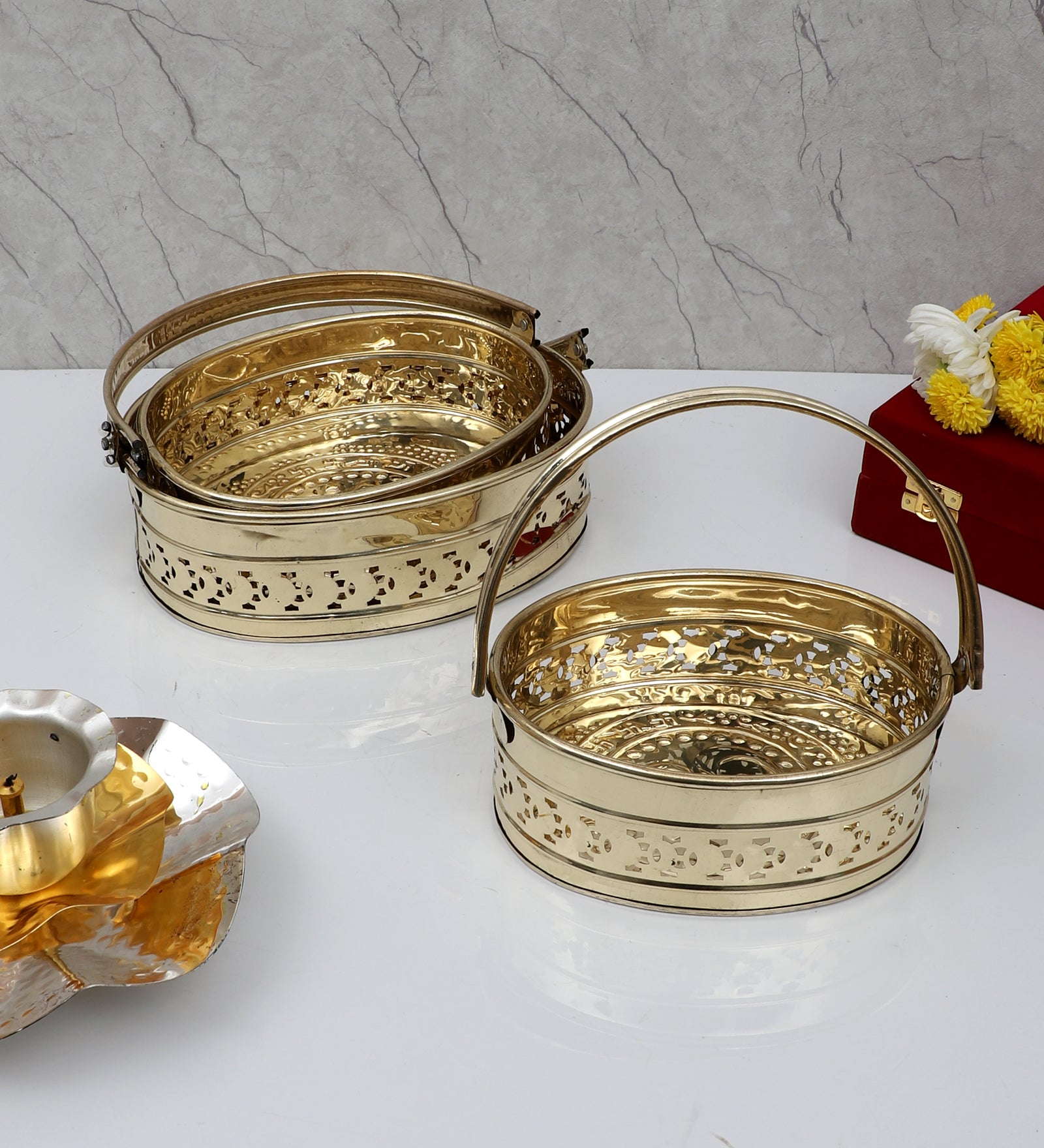 Amaya Decors Oval Brass Sheet Pooja Gifting Basket Set of 3