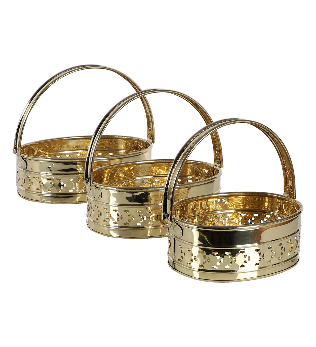 Amaya Decors Oval Brass Sheet Pooja Gifting Basket Set of 3