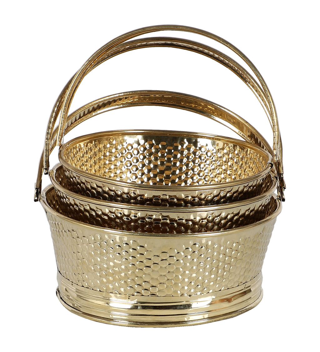 Amaya Decors Round Hammered Brass Sheet Gifting Basket Set of 3