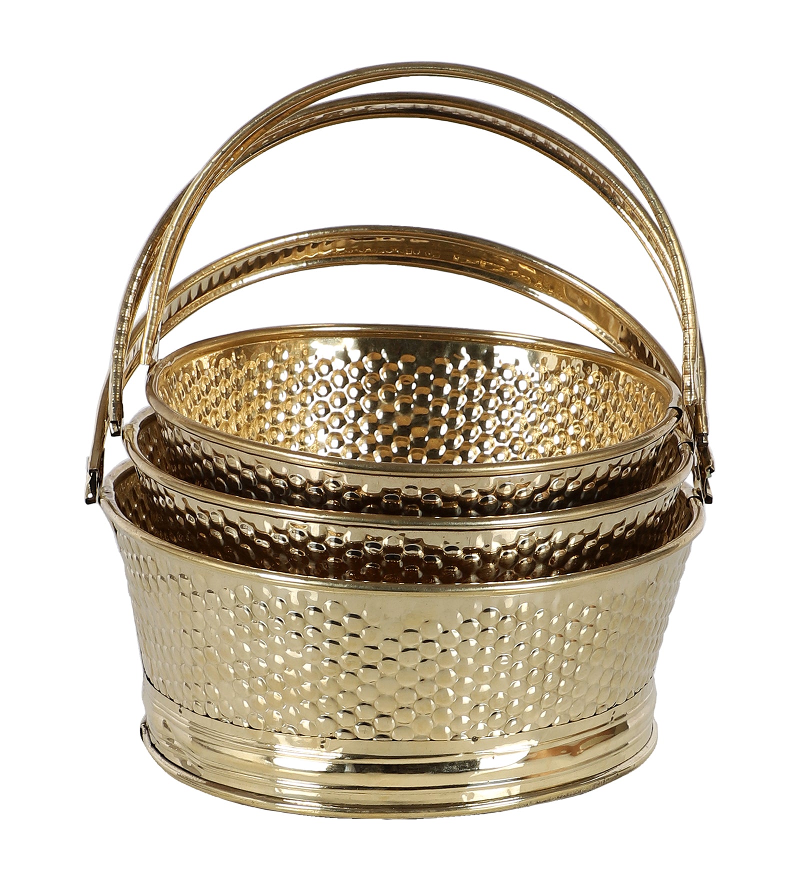 Amaya Decors Round Hammered Brass Sheet Gifting Basket Set of 3