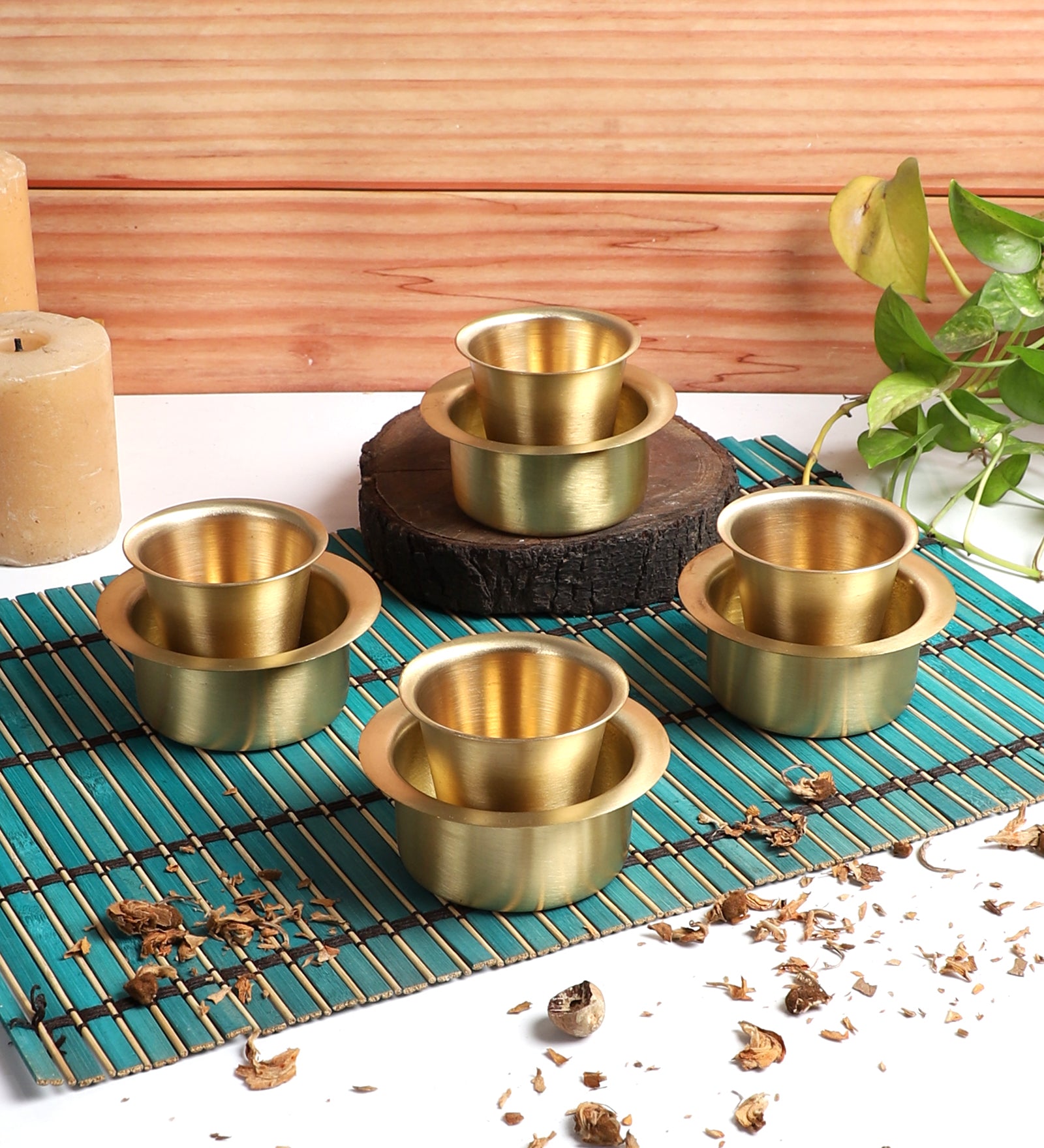 Amaya Decors Brass Filter Coffe Bowl & Glass Set of 8 | Gold | Brass