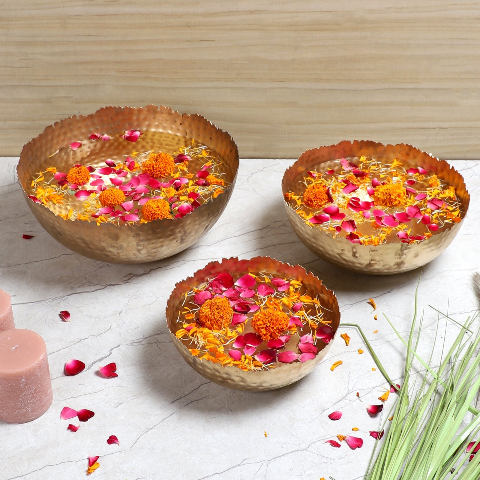 Amaya Decors Gold Hammer Cut URli Bowl Set of 3 | Gold | Iron with Powder Coating