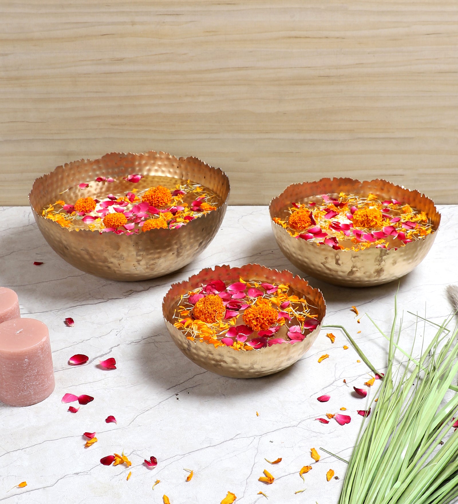 Amaya Decors Gold Hammer Cut URli Bowl Set of 3 | Gold | Iron with Powder Coating