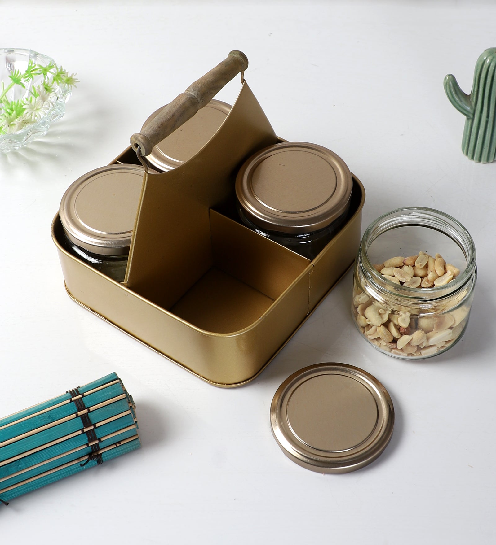 Amaya Decors Metal Basket with 4 Glass Jars